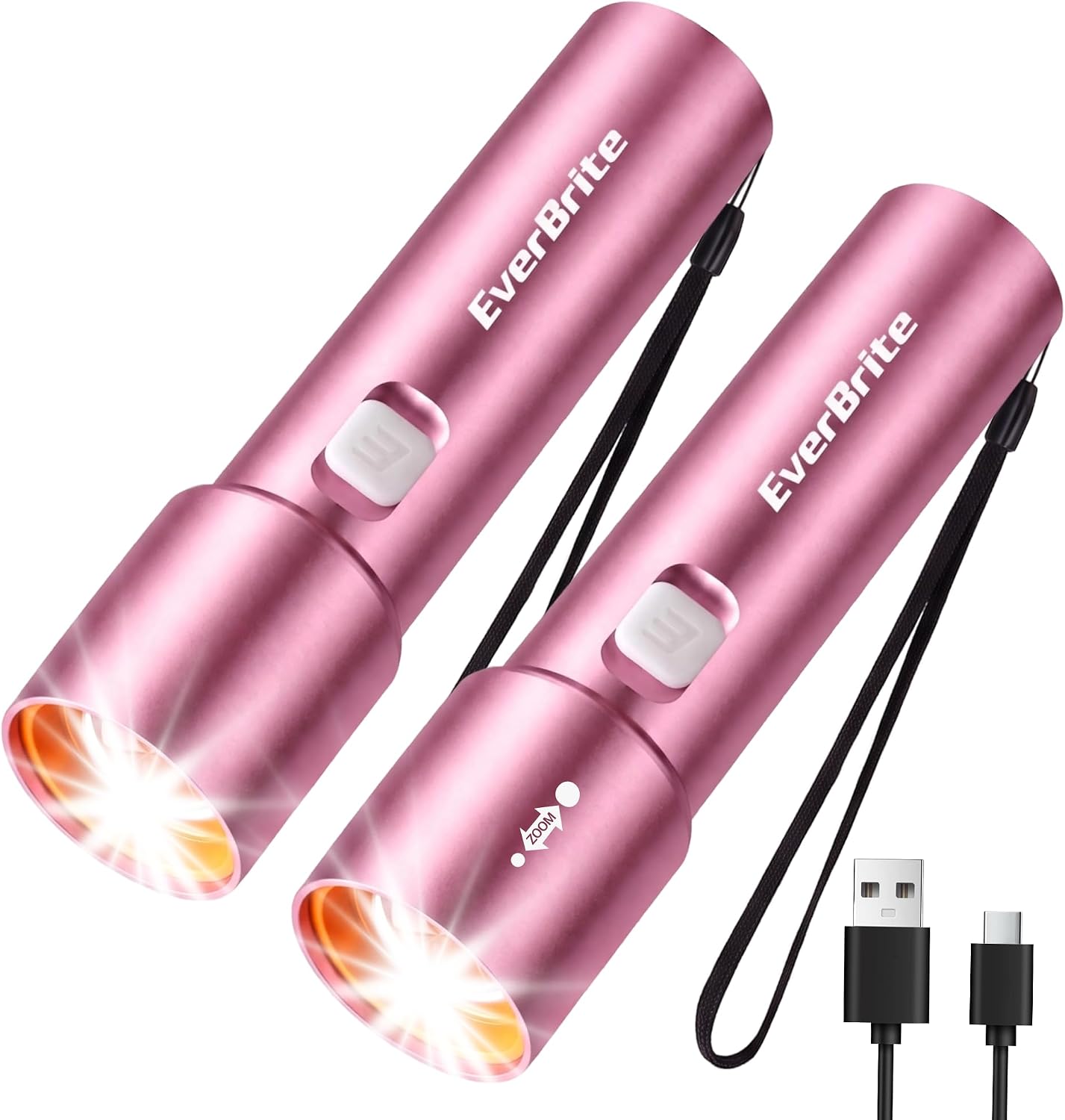 EverBrite 2-Pack Small EDC Rechargeable Flashlight with 3 Modes, Pink