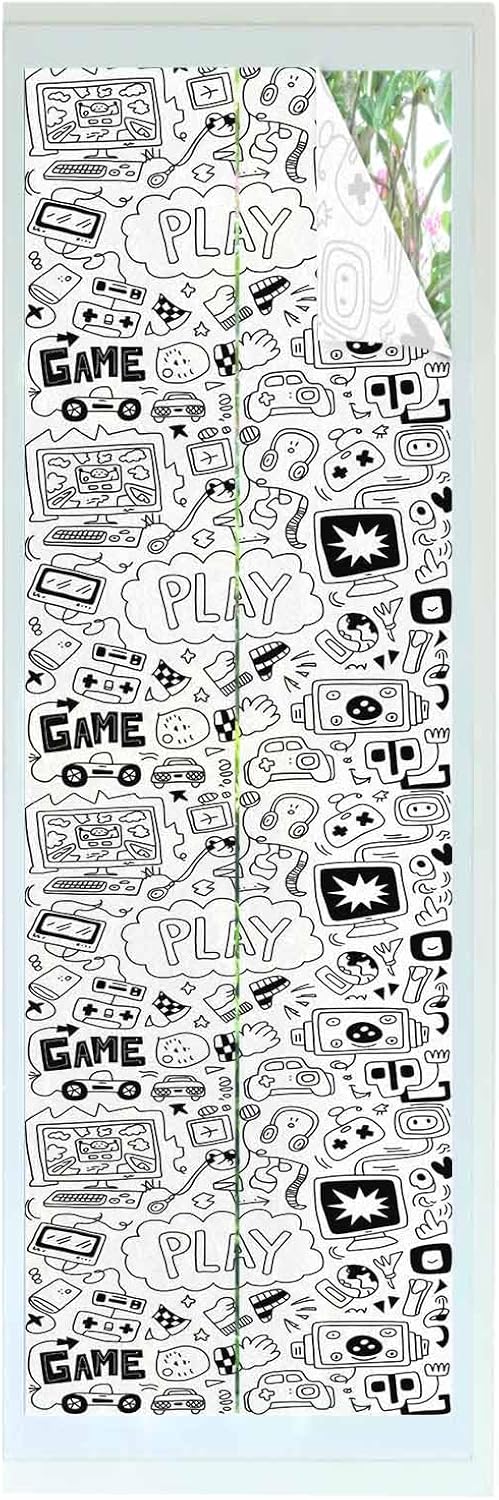 Black White Window Privacy Film Decorative Stained Glass Window Film Game Console Computer Gaming Sketch Style Static Windows Clings Sticker for Glass Door, 35.4"x78.7" Blackout Shades Windows Cover