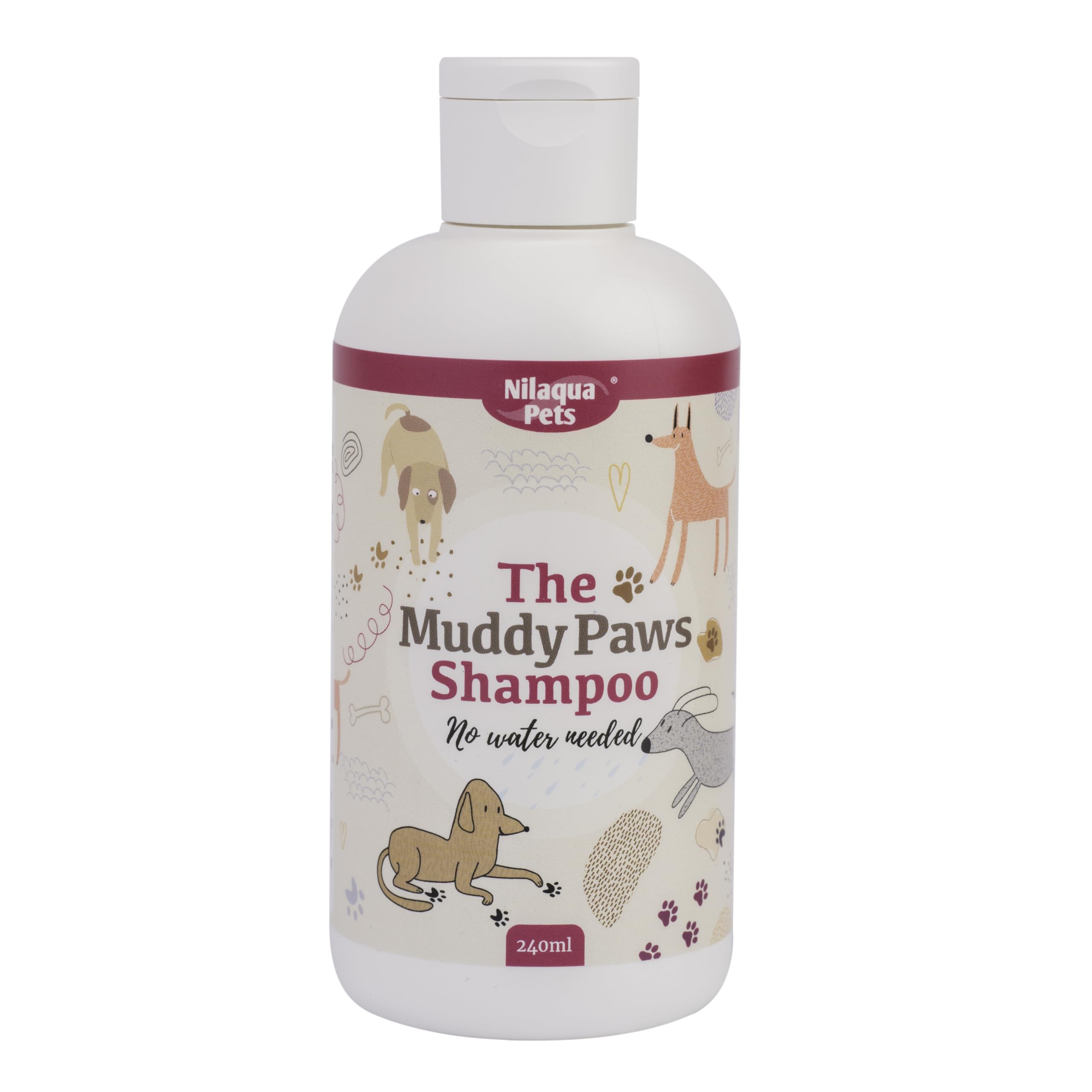 Nilaqua Pets Muddy Paws Dog No Rinse Shampoo 240ml | Watermelon Fragrance | Soft and Kind | Deep Cleansing Towel Off Pet Shampoo | Bursting Foaming action for muddy paws and spot cleaning