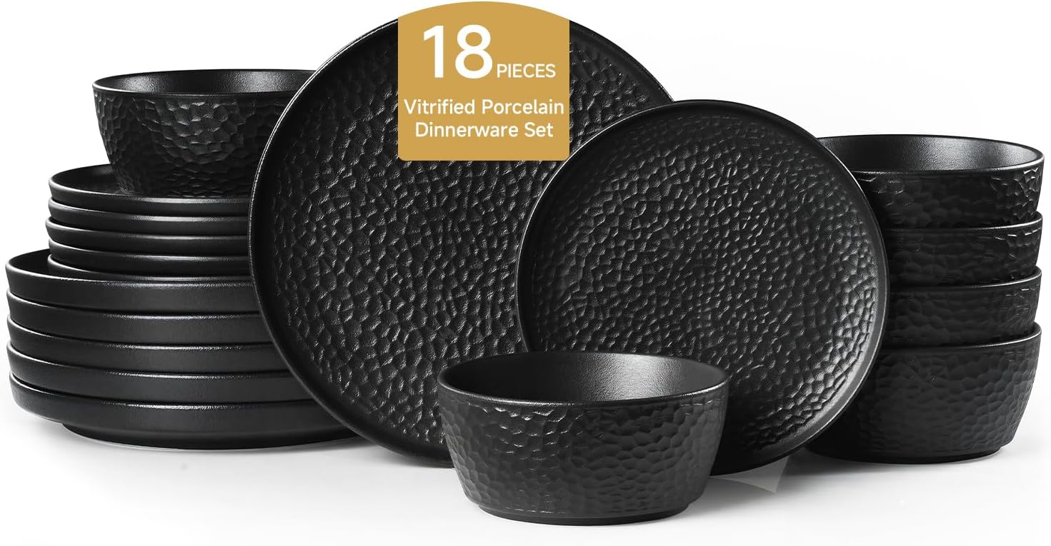 KINGSTONE Ceramic Dinnerware Set, 18-Piece Porcelain Plates and Bowls Set for 6, Matte Black or White, Hammered Texture, Microwave, Dishwasher & Oven Safe, Perfect for Home, Weddings & Gifts