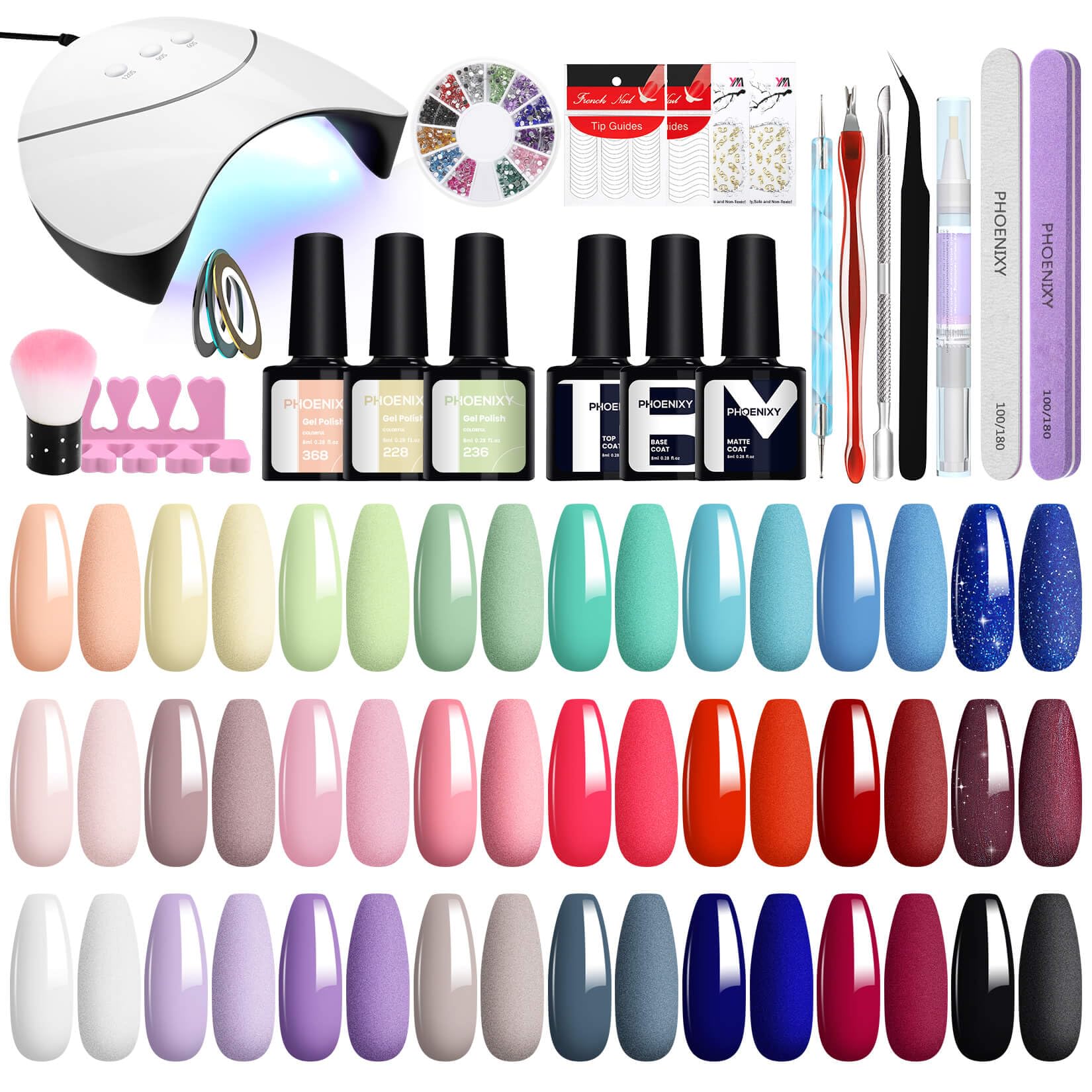 Phoenixy Kit Uñas Semipermanentes 24 Colores Kit Uñas de Gel Completo con lámpara U V/LED de 36W Kit Manicura Semipermanente con Base Top Coat y Mate Azul Verde