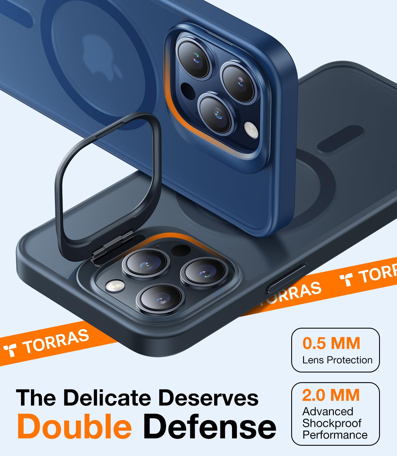 TORRAS Magnetic Shockproof for iPhone 15 Pro Case,[Camera Protection] [Military Grade Drop Tested] [Compatible with MagSafe] Sturdy Kickstand Slim Frosted iPhone 15 Pro Phone Case 2023, Blue Titanium