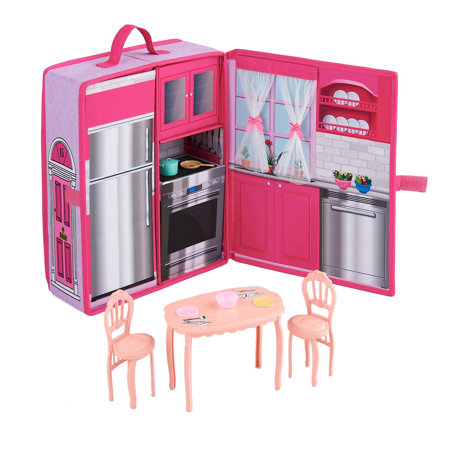 Badger Basket Portable Doll Kitchen Set for 12 Inch Dolls – Includes Oven, Fridge, Table, Chairs & Accessories