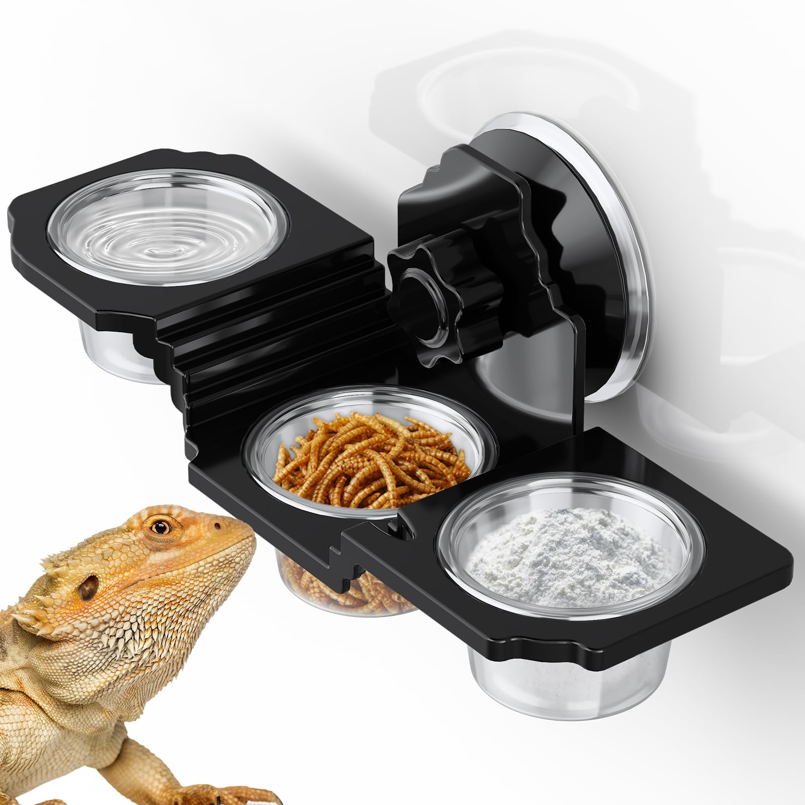 Crested Gecko-Futterstation, Reptilien-Futterstation mit 6 Bechern, Reptilien-Wassernapf für Bartagamen, Eidechsenschlange, für Reptilien, Futter und Wasserfütterung, Schwarz