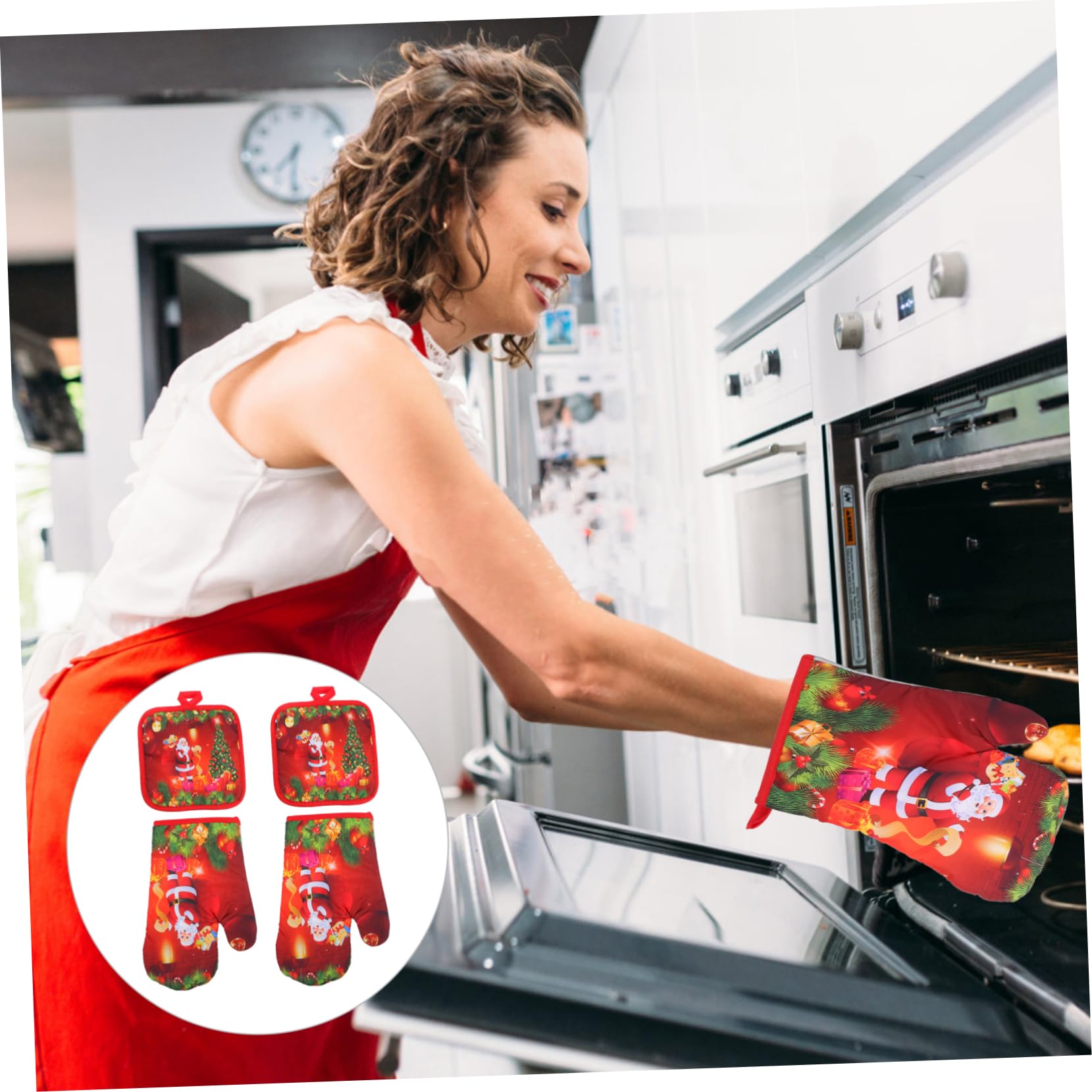 COLLBATH Guantes De Horno Resistentes Al Calor Navideños Rojos 4 Piezas De Algodón Aislamiento Térmico para Cocina y Horno, Set para Protección De Manos Hornear y Uso Microondas