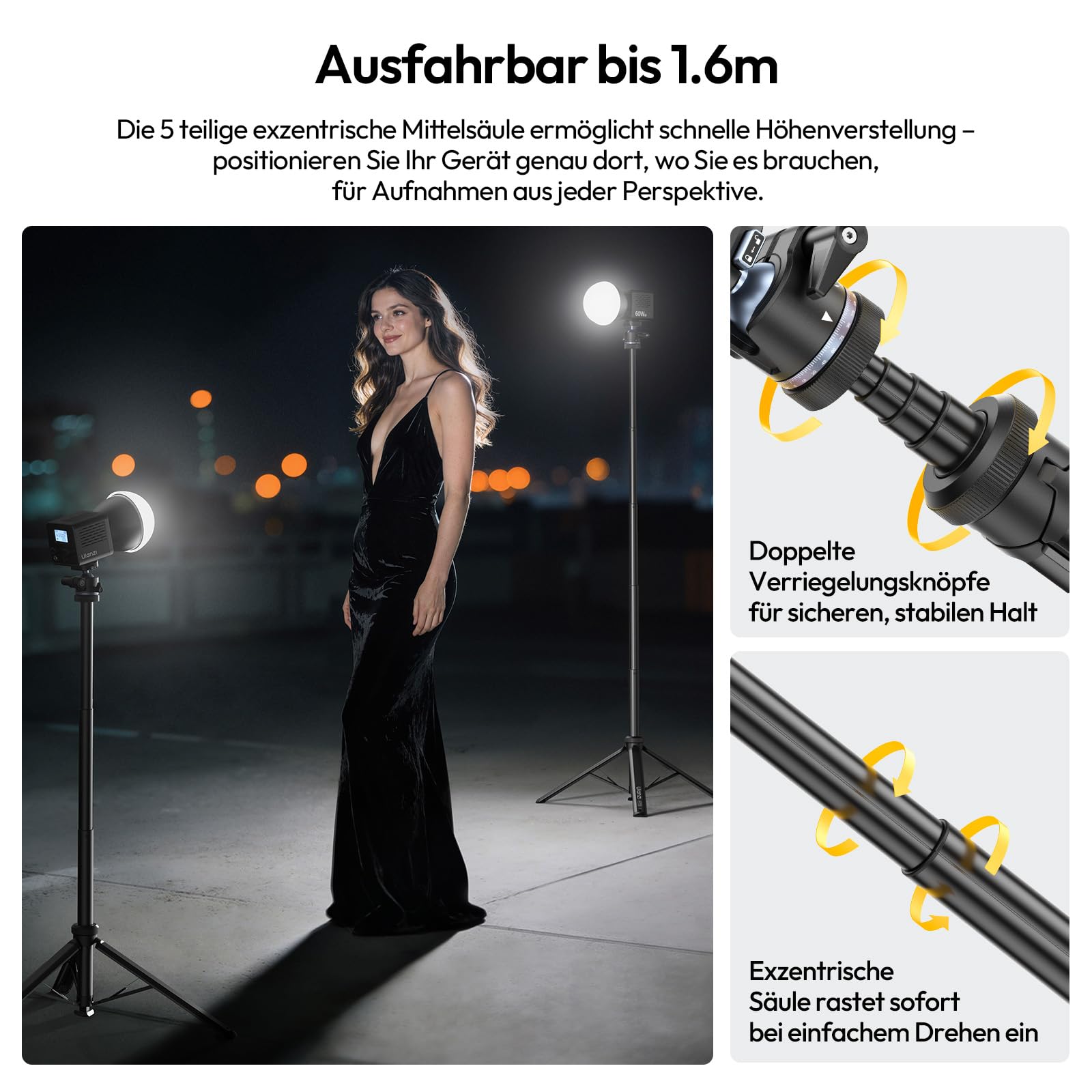 ULANZI MT93 Universelles 1/4'' Kamera Stativ Lichtstativ [Automatisch Ausklappend] 160cm Alu, Uka Schnellwechsel, 360° Kugelkopf, 5KG Traglast für Kamera, Licht, Livestream, Outdoor (Schwarz)