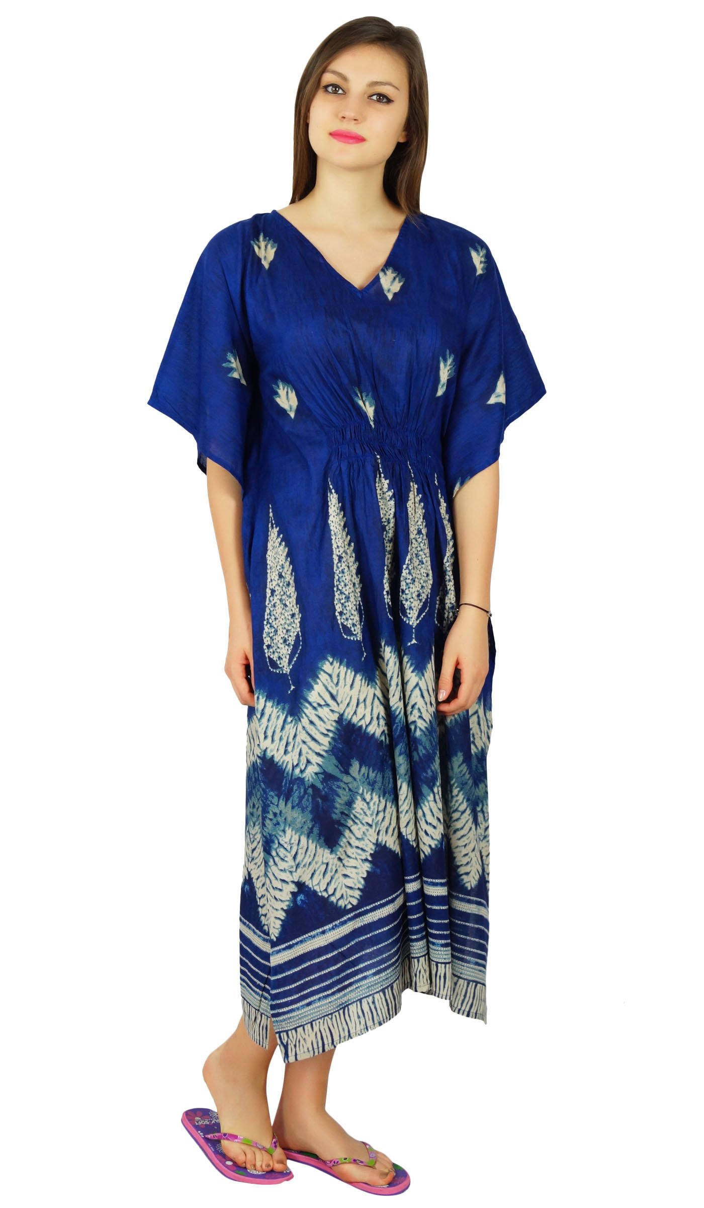 Bimba Womens Cotton Kaftan Long Caftan Smocked Waist Night Wear Coverup Dress Blue
