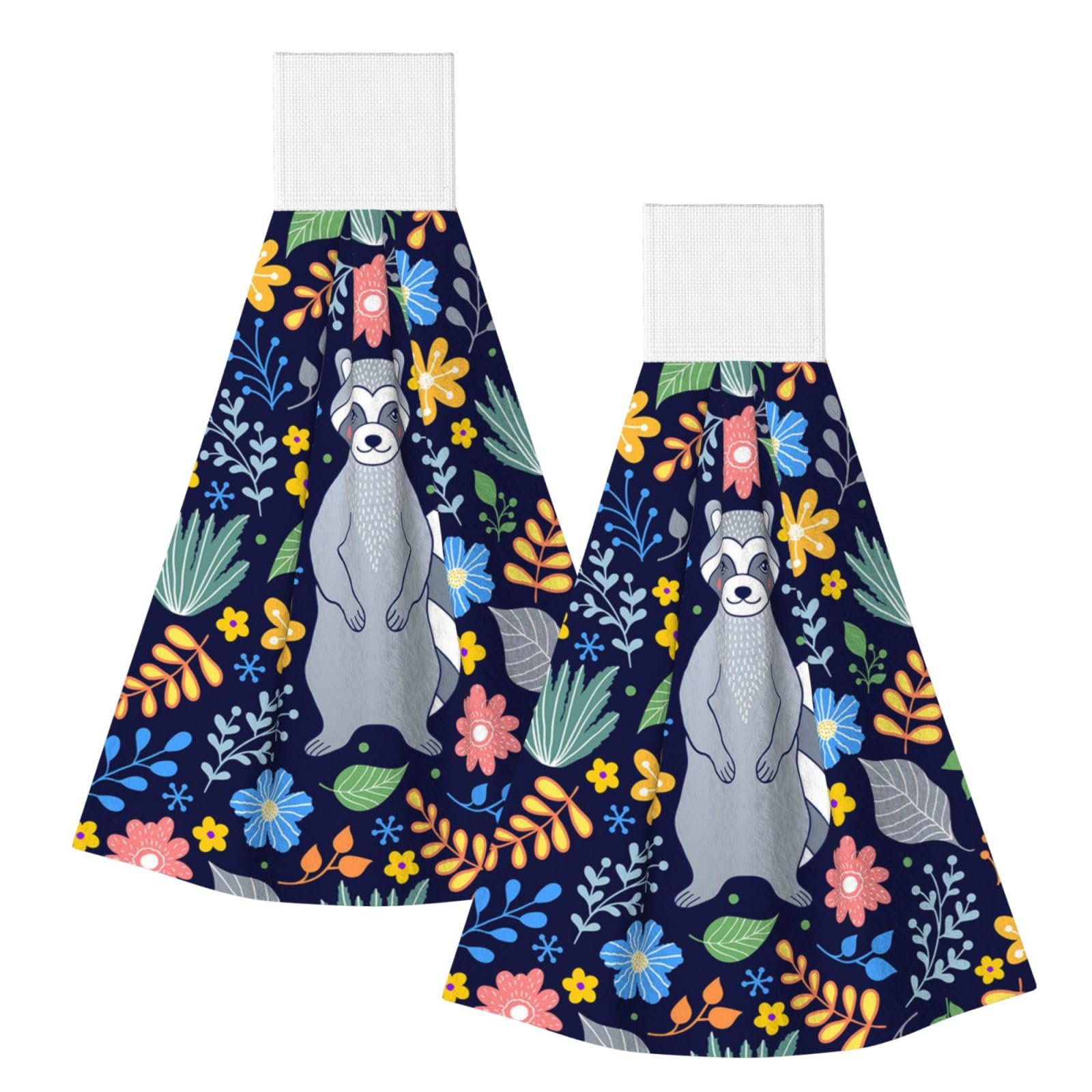 DOPKLNA Raccoon And Tropical Flowers, 2 Pcs Hanging Coral Fiber Hand Towels for Bathroom, Absorbent Kitchen Towels