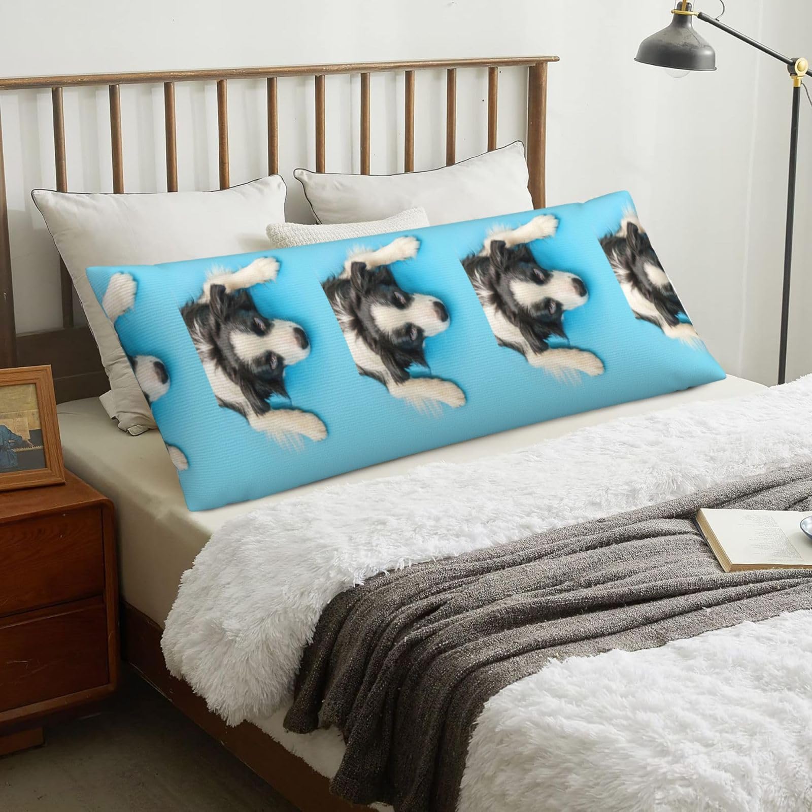 Funny Puppy Dog Border Collie Blue Background, Body Pillow Cover with Zipper,Long Body Pillowcase 20 x 60 in