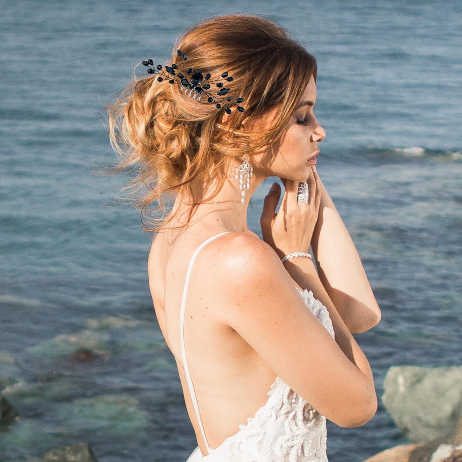 Black Rhinestone Bridal Hair Comb Vintage Onyx Teardrop Small Headpiece Crystal Decorative Wedding Hair Combs Bridal Side Combs Accessories for Women - Image 4