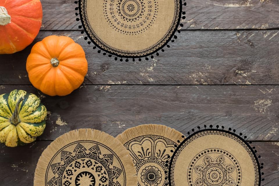 Miniatura 6 de Juego de 8 manteles individuales redondos, para comedor de invierno, moderno, trenzados, beige, bohemio, mesa redonda y círculo de otoño, manteles