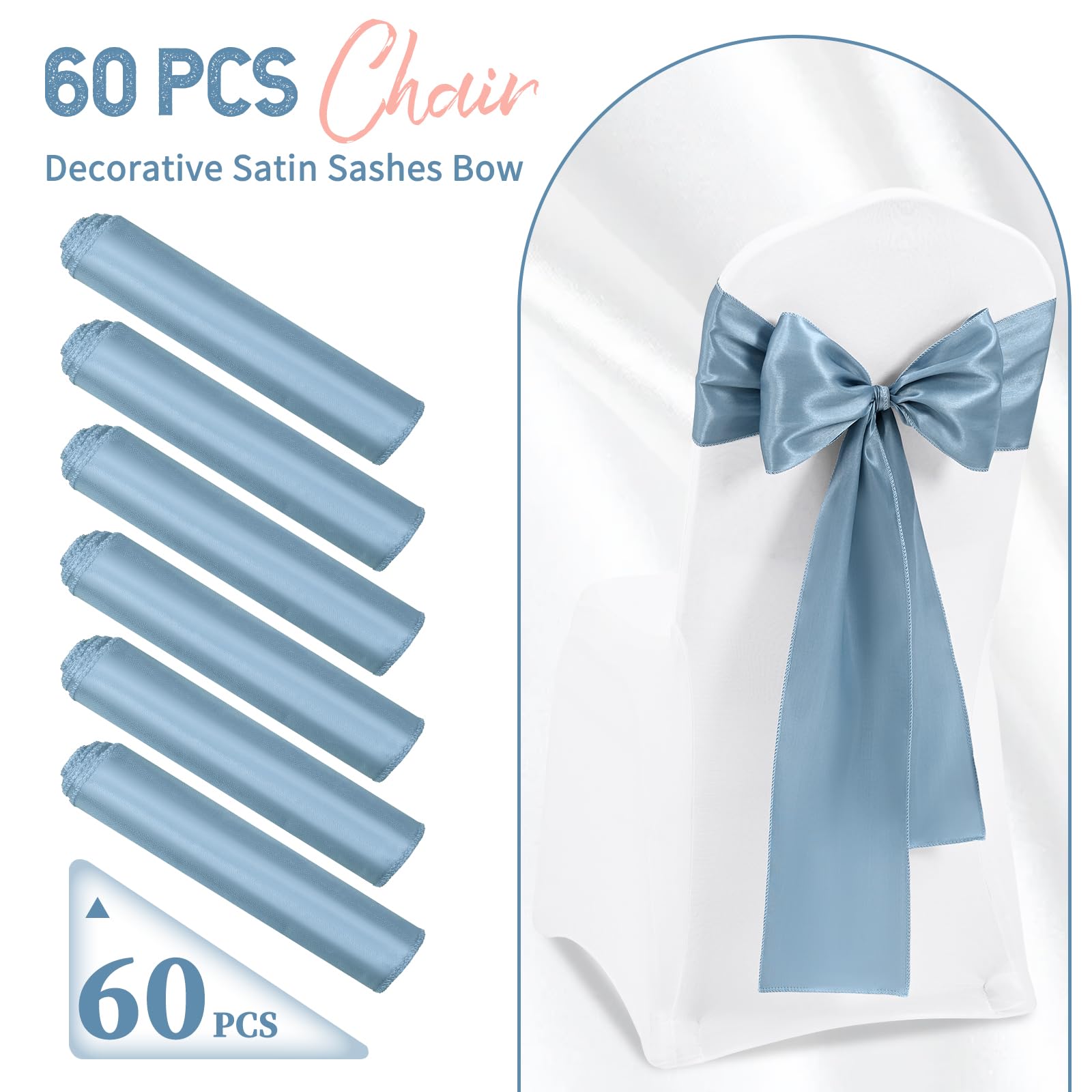 Stuhlschärpen aus Satin, Staubblau, Schleifen, dekorativ, Stuhlhussen, Schärpen für Thanksgiving, Hochzeit, Weihnachten, Bankett, Party, Zuhause, Küche, Dekoration (17,8 x 274,3 cm), 60 Stück