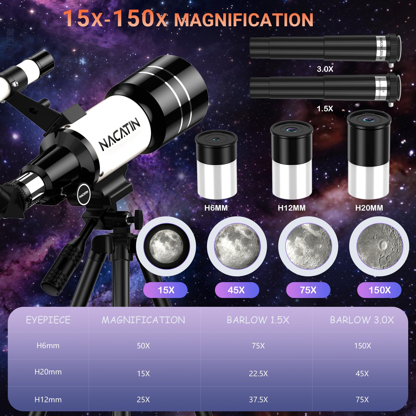 Telescopio astronómico con apertura de 70 mm y distancia focal de 300 mm (blanco)