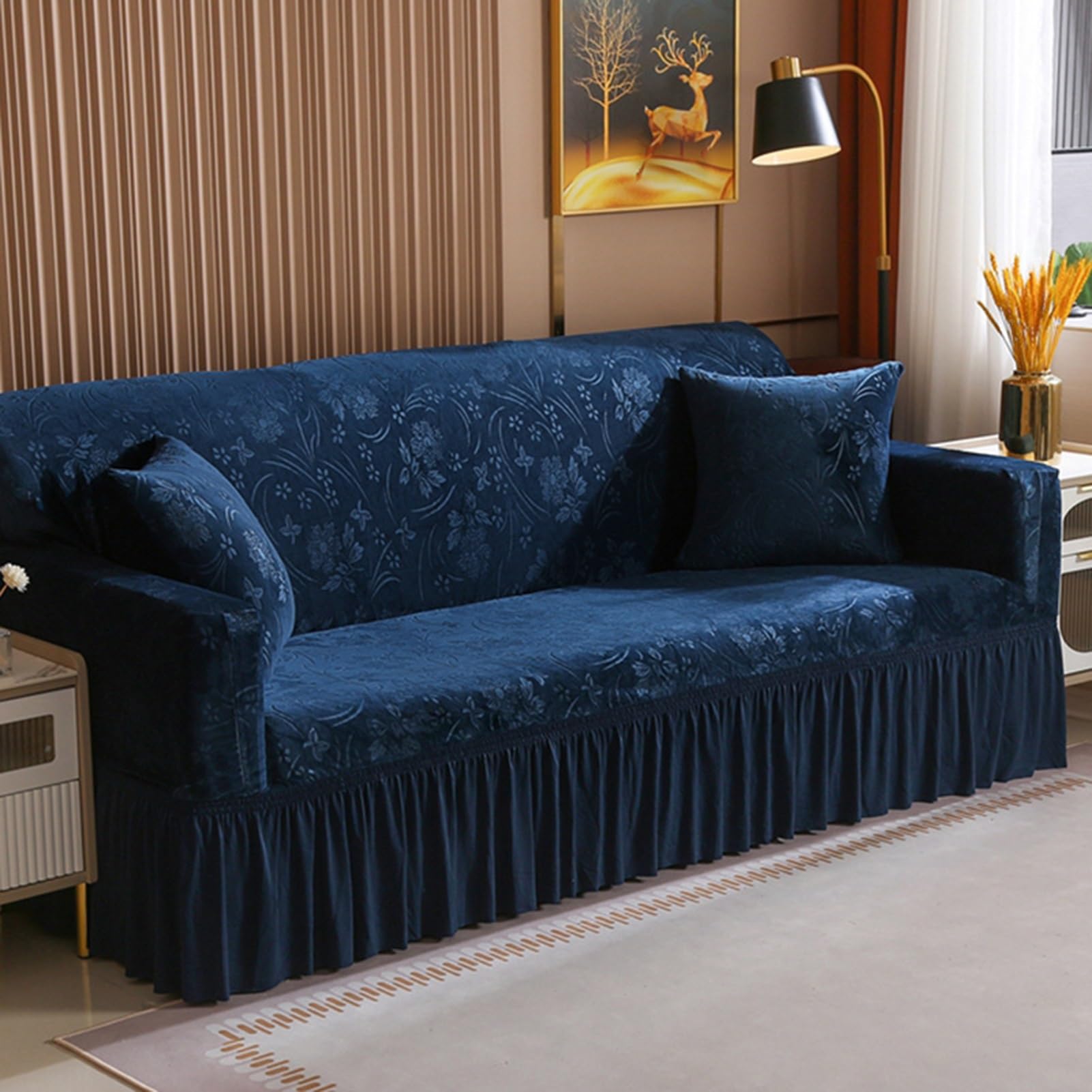 Gleedipre Elasticity sofa cover crystal European style skirt Sofa fitted sheet Double anti-slip dust-proof All-inclusive protective case(Dark blue,4 seater(235-290 cm/92.5-114 in))