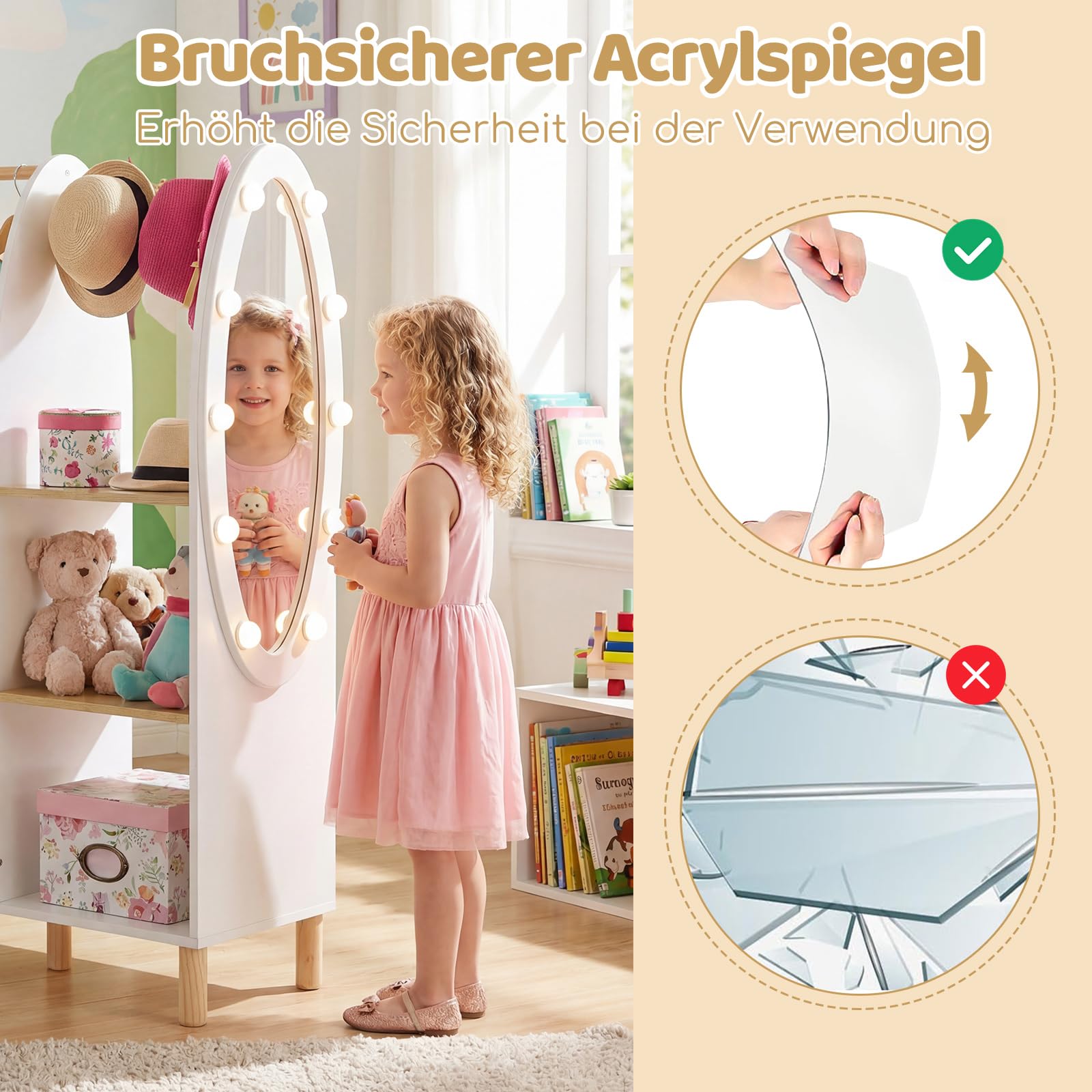 COSTWAY Kleiderschrank Kinder mit Beleuchtung, Kindergarderobe mit Spiegel, Kleiderstange, Regalen & Haken, Kleiderständer aus Holz für Kinderzimmer, 91 x 28 x 110 cm, Weiß