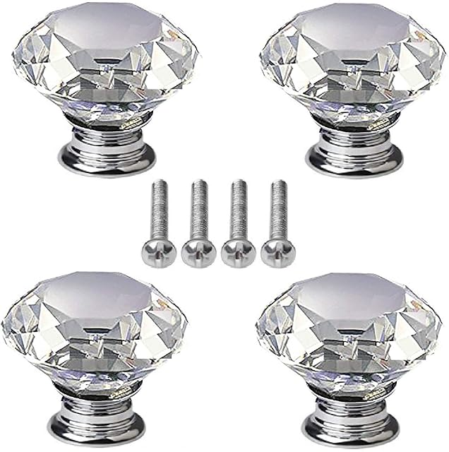 nuosen 4 pcs Crystal Knobs, 40 mm Diamond Drawer Cabinet Door Pull Crystal Door Handles with Screws for Home Kitchen Office Chest Bin, Dresser