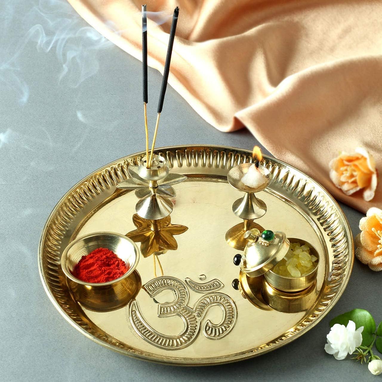 Beautiful Pure Brass Pooja Thali Set with Om Carving Size | mandhir thali (8 Inch Diameter)