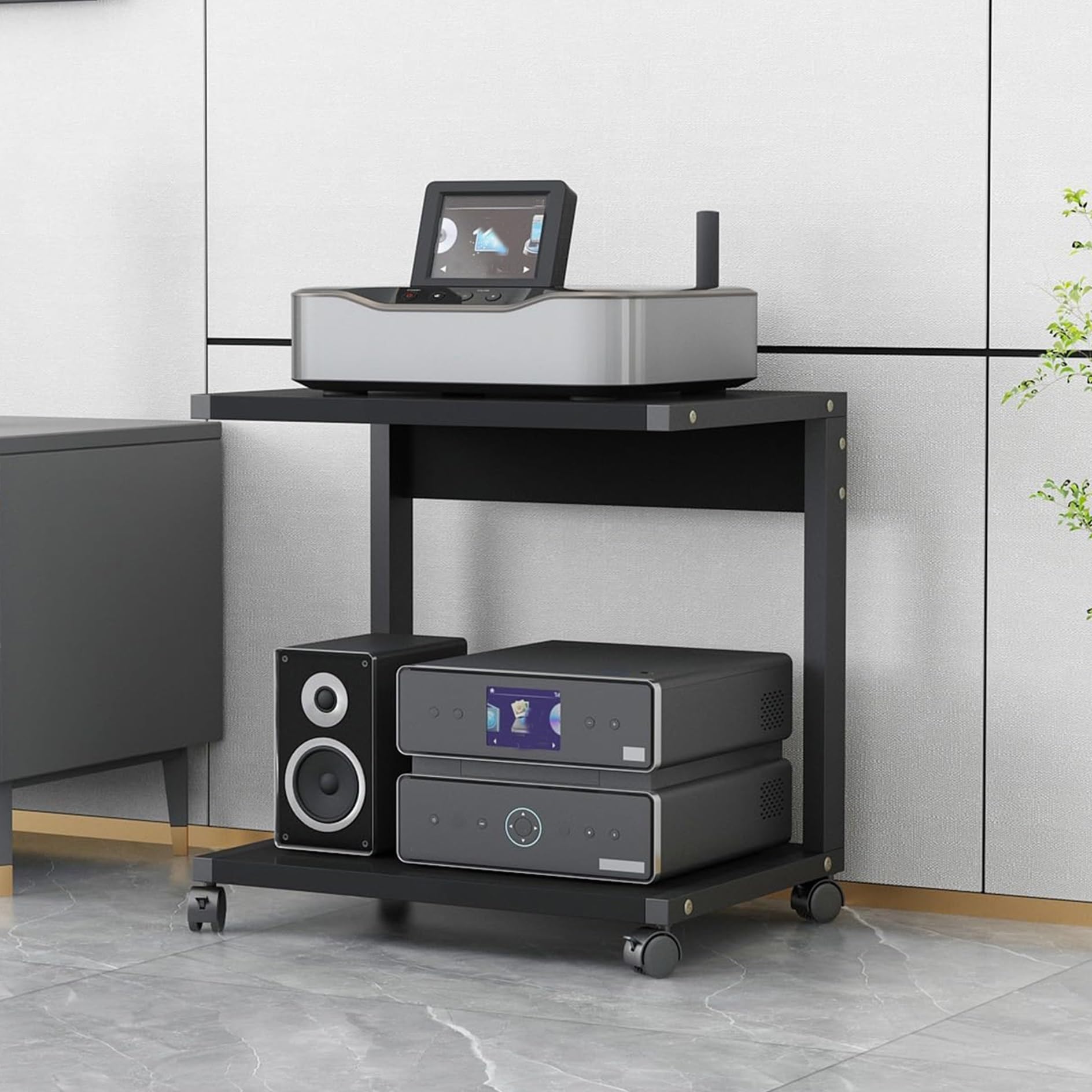 CWCQGH Modern Media Stand with Wheels 2 Tier Wooden Audio Video Shelving Stereo Rack & Corner Entertainment Center for Living & Gaming Room,Black-50x40x55cm