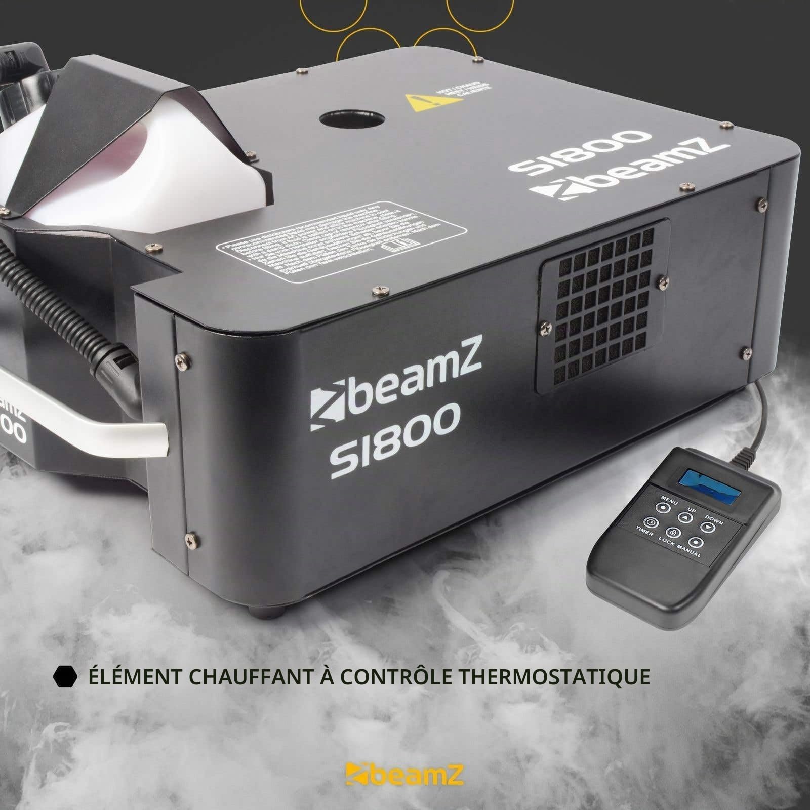 BeamZ S1800 Machine à Fumée 1800 W, DMX, Télécommande 3m, 350 m³ de Fumée par Minute, Position Horizontale ou Verticale, Réservoir Amovible 2,5 L, Idéal pour Concerts, Shows ou Discothèques