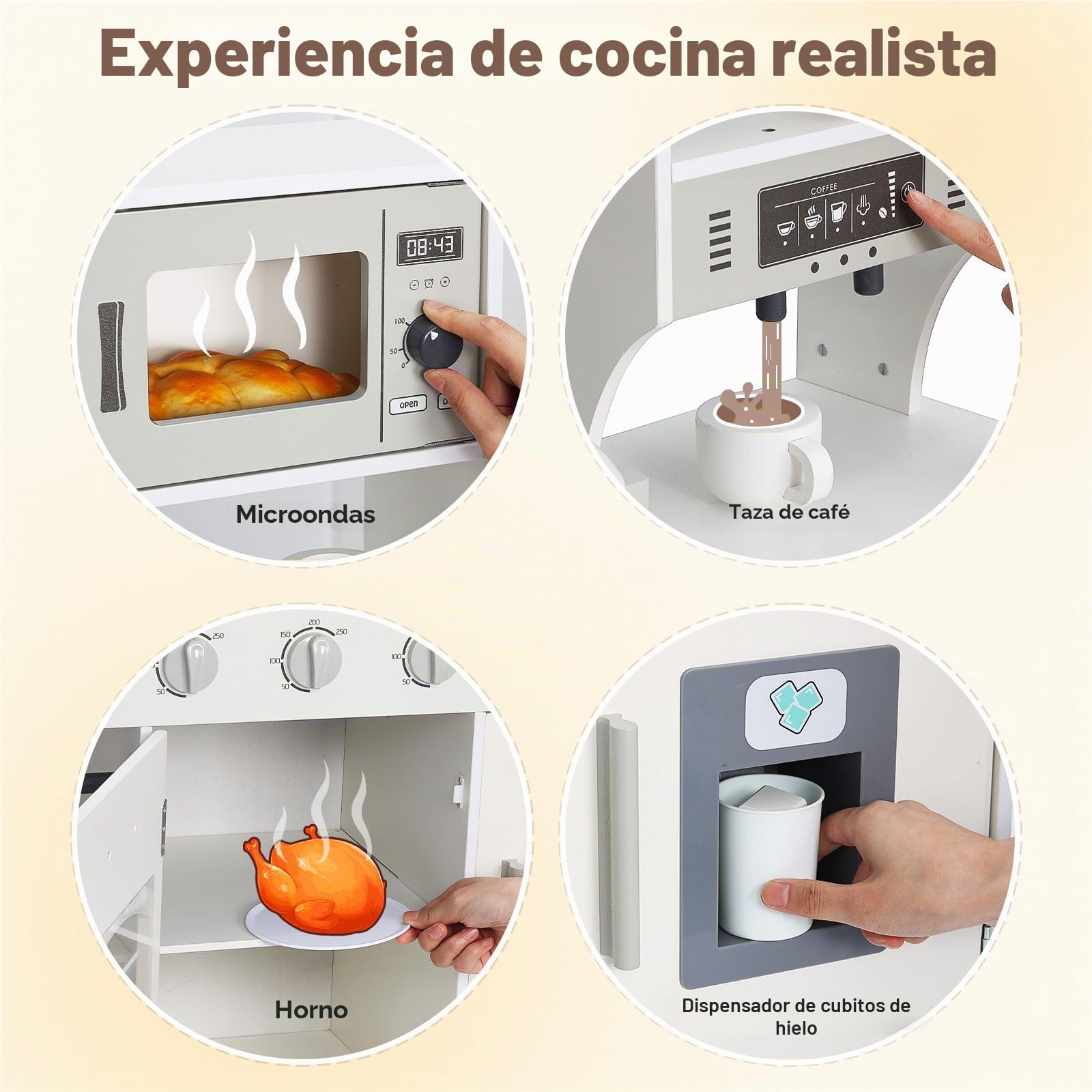 SainSmart Jr. Cocinita de madera para niños, color crema – con luz y sonido, dispensador de hielo, microondas, horno y fregadero, gran cocina infantil con accesorios, juego de rol a partir de 3 años