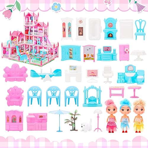 Miniatura 7 de Casa de muñecas con 11 habitaciones de 4 pisos, regalo de ensueño, casa de muñecas de princesa con muebles para piscina, casa de juguetes rosa para