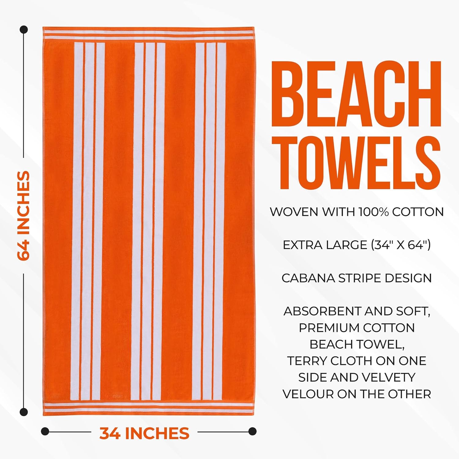 Superior Cotton Cabana Striped Beach Towels, Colorful Towels for Adult, Kid, Pool, Swimming, Sand, Travel, Large Oversized, Absorbent, Fast Drying, Bath Basics, Cabana Collection, 1 Piece, Orange - Image 5