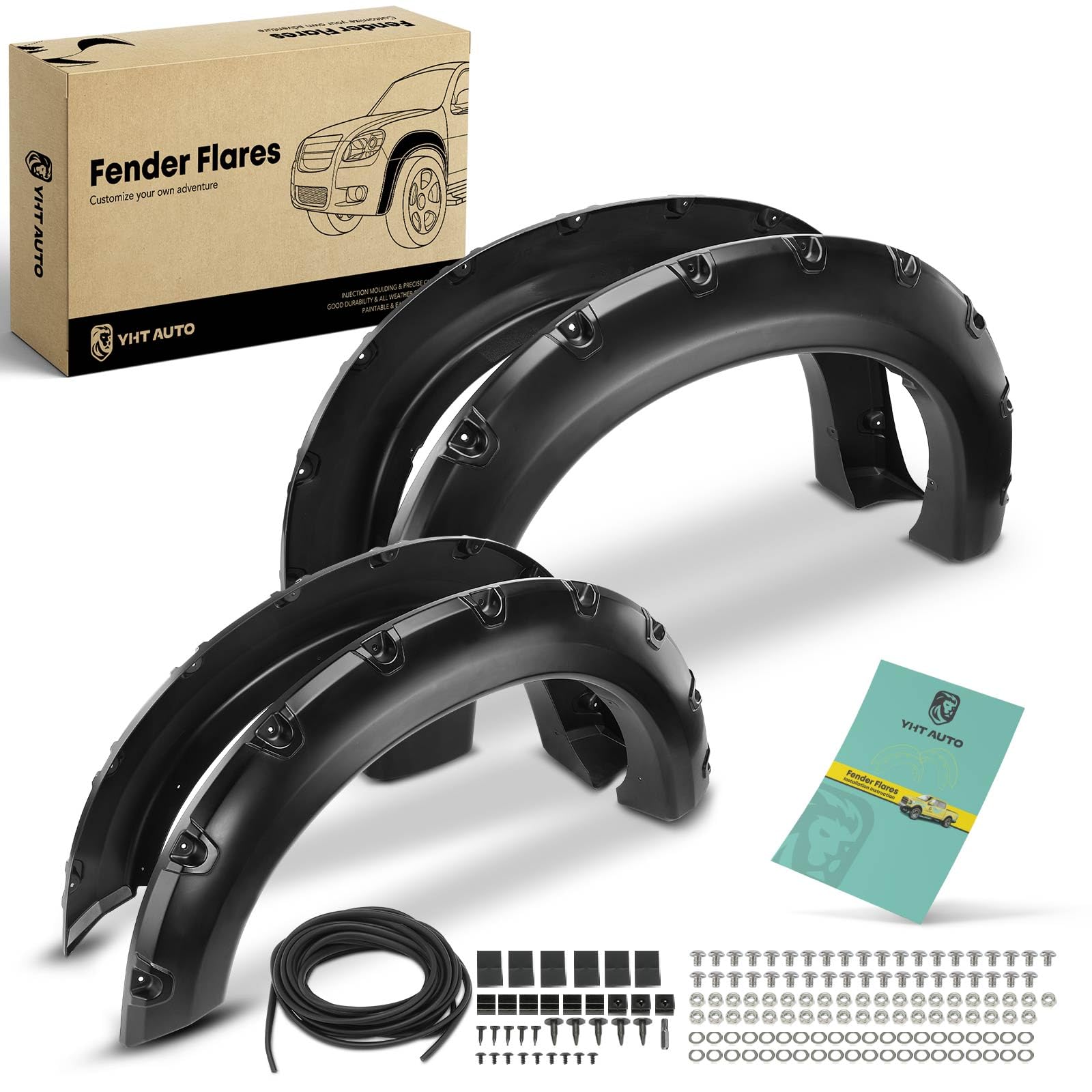 YHTAUTO Pocket Style Fender Flares w/Hardware Kit Compatible with 2008-2010 Ford F-250 F-350 Super Duty, Smooth Black Wheel Cover Flare Protectors, Front & Rear, Set of 4