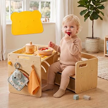 Montessori Table and Chair Set - Adjustable Toddler Weaning Table with Storage Box & Table Mat, Baby Furniture Gift for 1-3 Year Old Kids Learning, Play and Mealtime