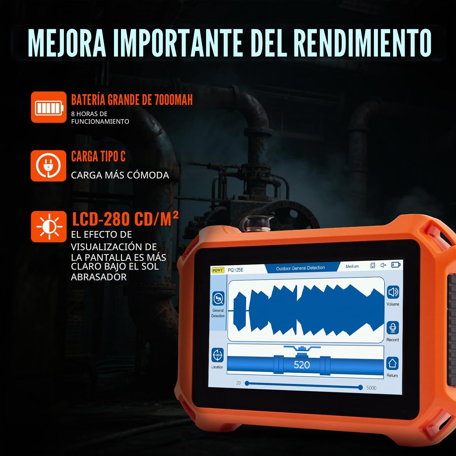 Detector de Fugas de Agua Subterránea para Pared y Suelo – PQ125A | Profundidad de 6m/19.69ft, 4 Sensores, 2 Modos de Posicionamiento