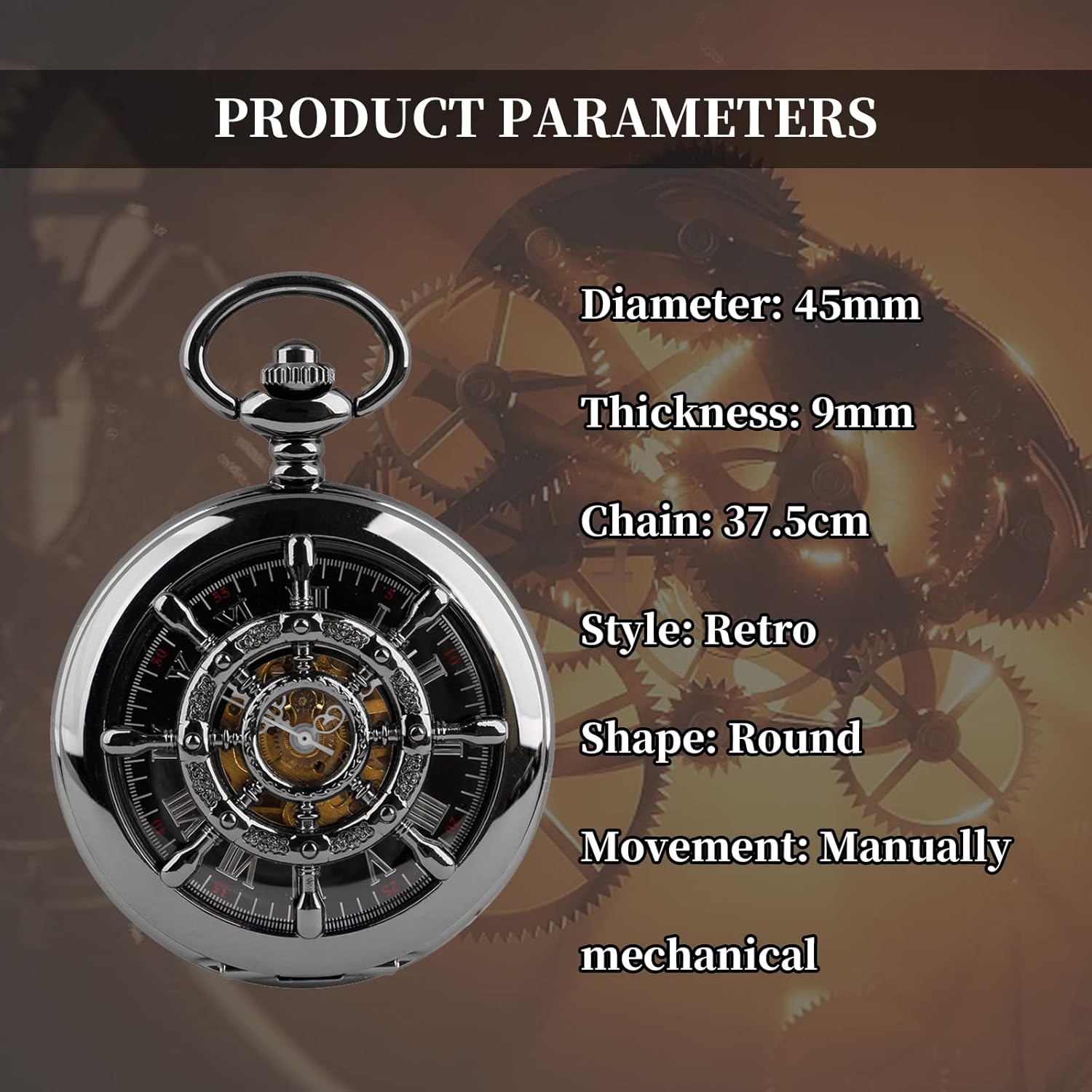 Men's Mechanical Pocket Watch Black Rudder Pattern Double Open Hollow Roman Numerals Pocket Watch