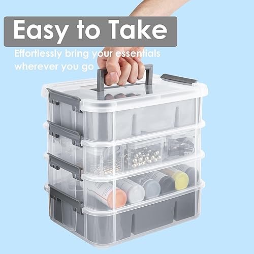 Miniatura 5 de Caja de almacenamiento de plástico moderna gris y blanco, 4 capas de contenedores de almacenamiento duraderos para manualidades con 2 bandejas