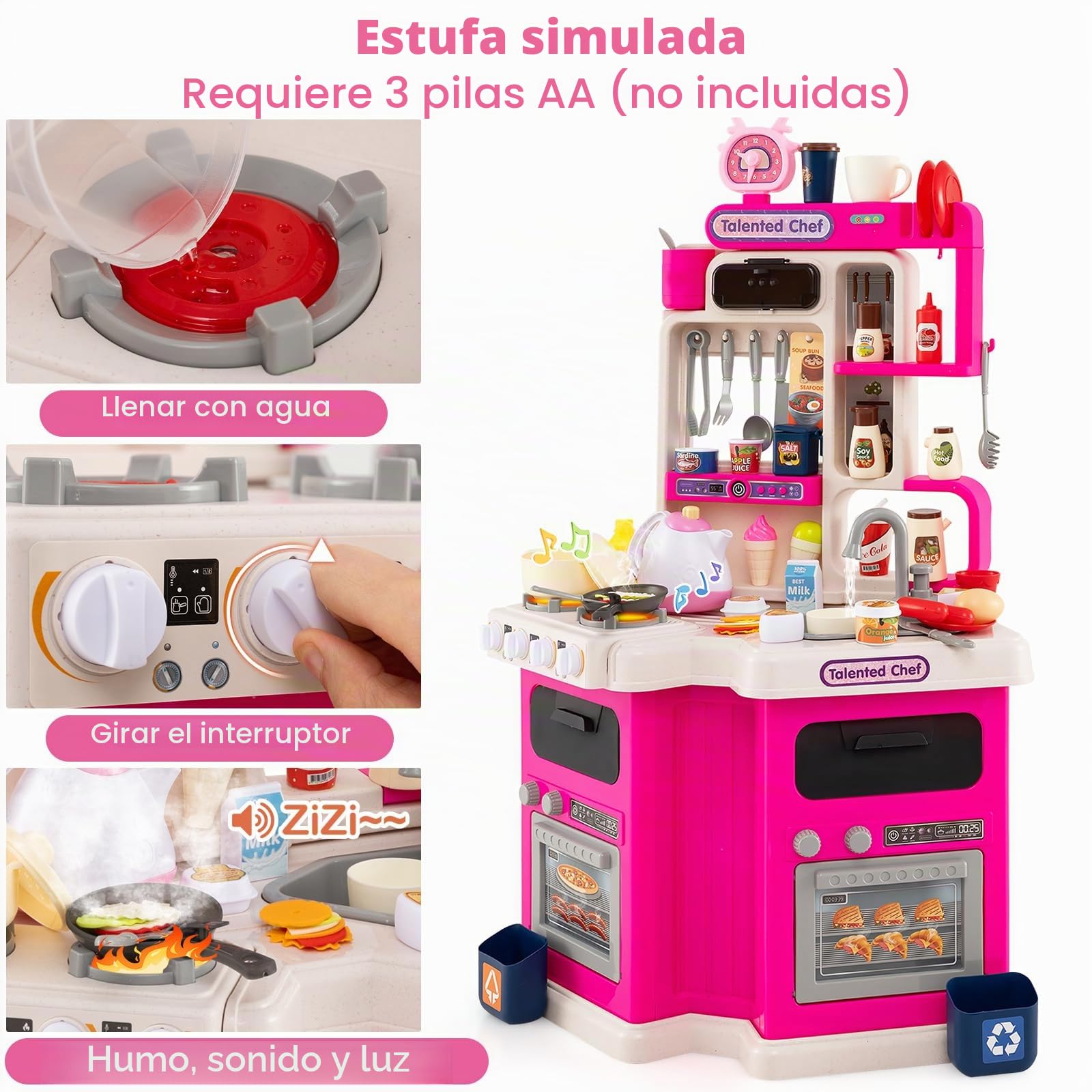 HOMASIS Cocina de Juguete con Sonidos y Luces, Juego de rol de Cocina con 75 Piezas, Agua al Vapor, Grifo con Agua y Fregadero, para Niños a Partir de 3 Años (Rosa)