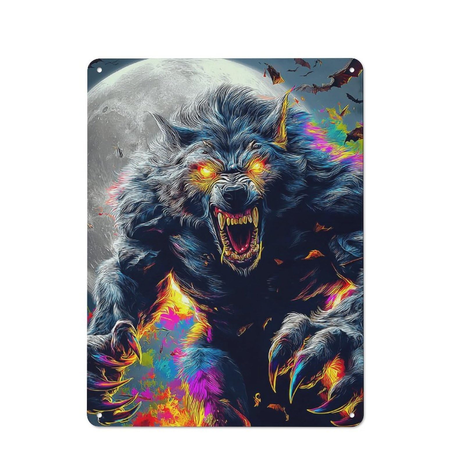 Junmoney Colorful Werewolf Moonlit Roar Rustic Tin Wall Plaque 40X30cm Featuring For Pub Or Café, A Decorative Christmas Gift For Café Interior Fans