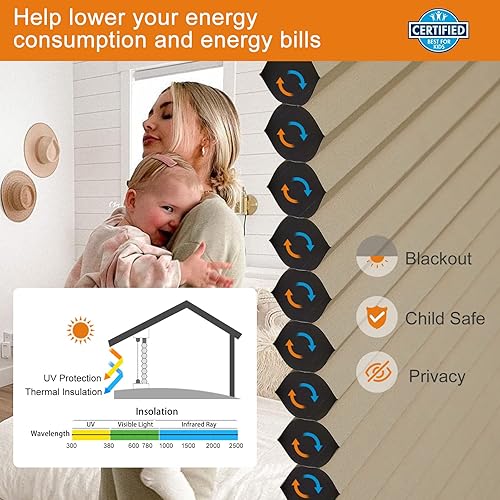 Miniatura 4 de Persilux - Persianas celulares opacas, tamaño personalizable, sin cables, estilo acordeón o panal, con aislamiento térmico, para ventanas del hogar