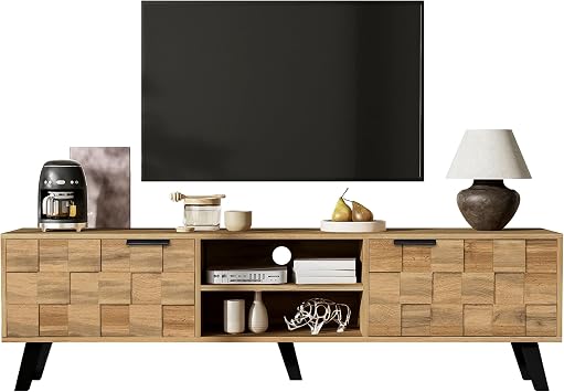 160.5cm TV Unit with Storage, Modern TV Stand for TVs up to 65 Inch, Entertainment Unit with 2 Doors and 2 Open Shelves, Wooden Media Console Cabinet with Soft Close Hinges for Living Room