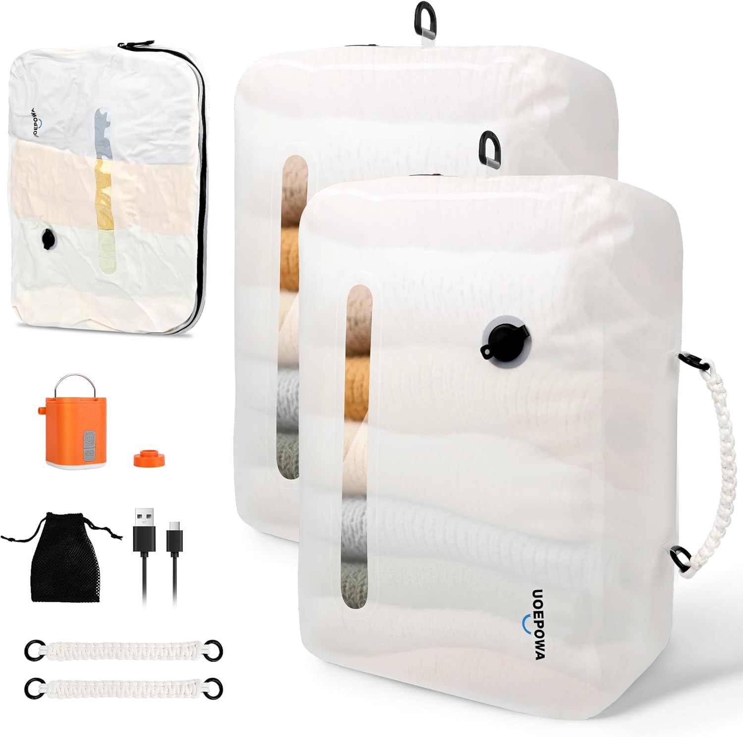 Travel Vacuum Bags with Pump, 33L Vacuum Seal Bags for Clothing, IPX8 Waterproof Vacuum Storage Bags with Handle for Luggage, Backpack, Suitcase, Home & Outdoor 2pack White