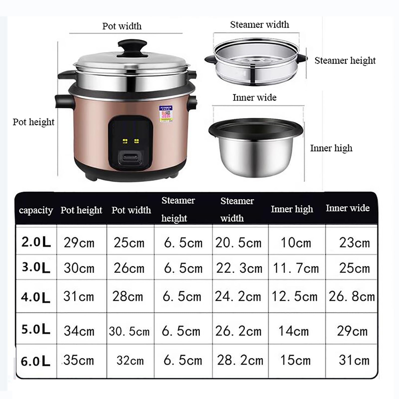 Cuociriso con vaporiera (1,5-5 l) Pentola Interna Antiaderente isolata Prepara Riso e Verdure Sane al Vapore per 1-8 Persone 220-240 V (4 l)