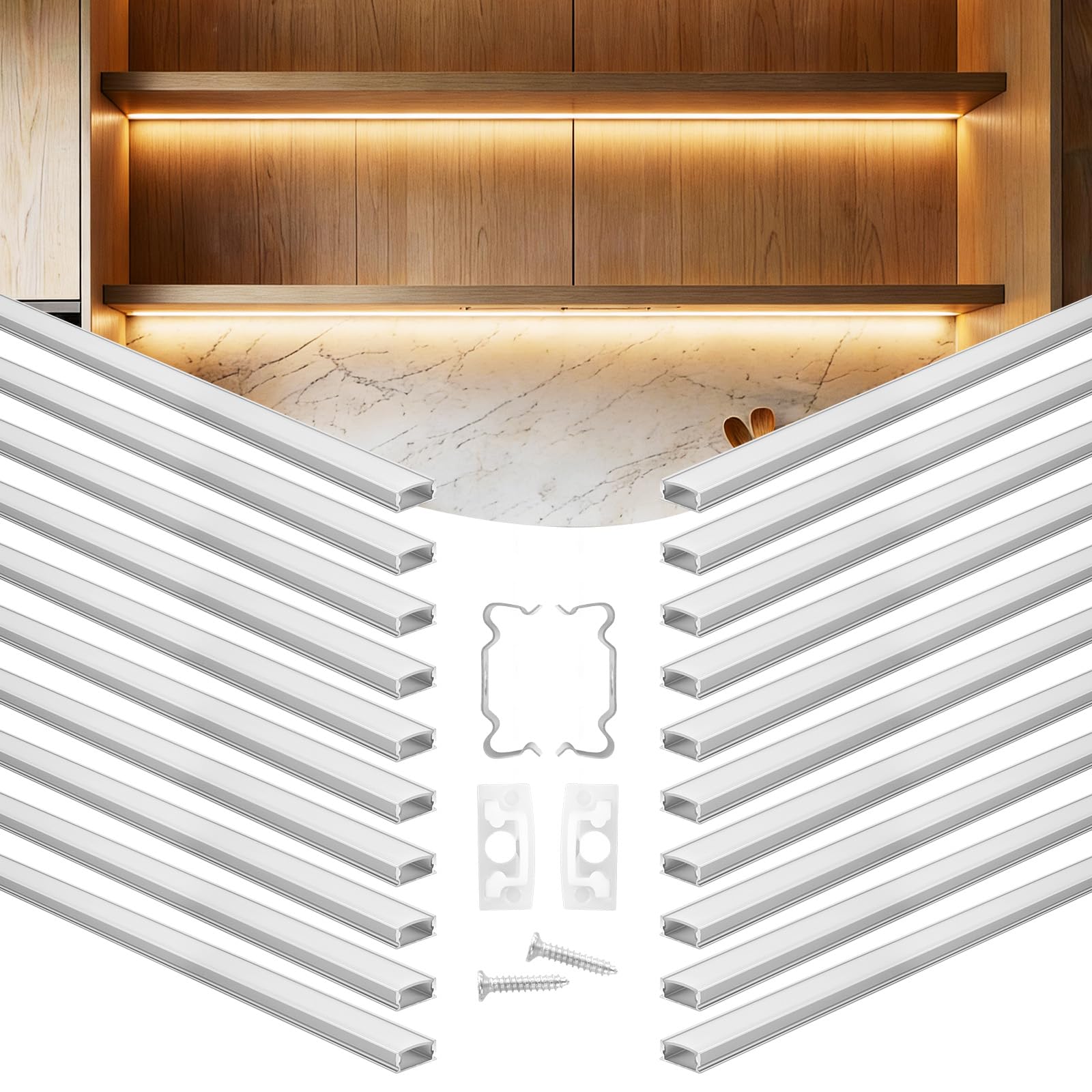 VEVOR Profilé Aluminium LED en U 1 m Lot de 20 Canal LED pour Éclairage sous Meuble Ruban Lumineux Cuisine, avec Diffuseur en PC Blanc Laiteux, Embouts et Clips de Fixation, Aluminium Anodisé Argent