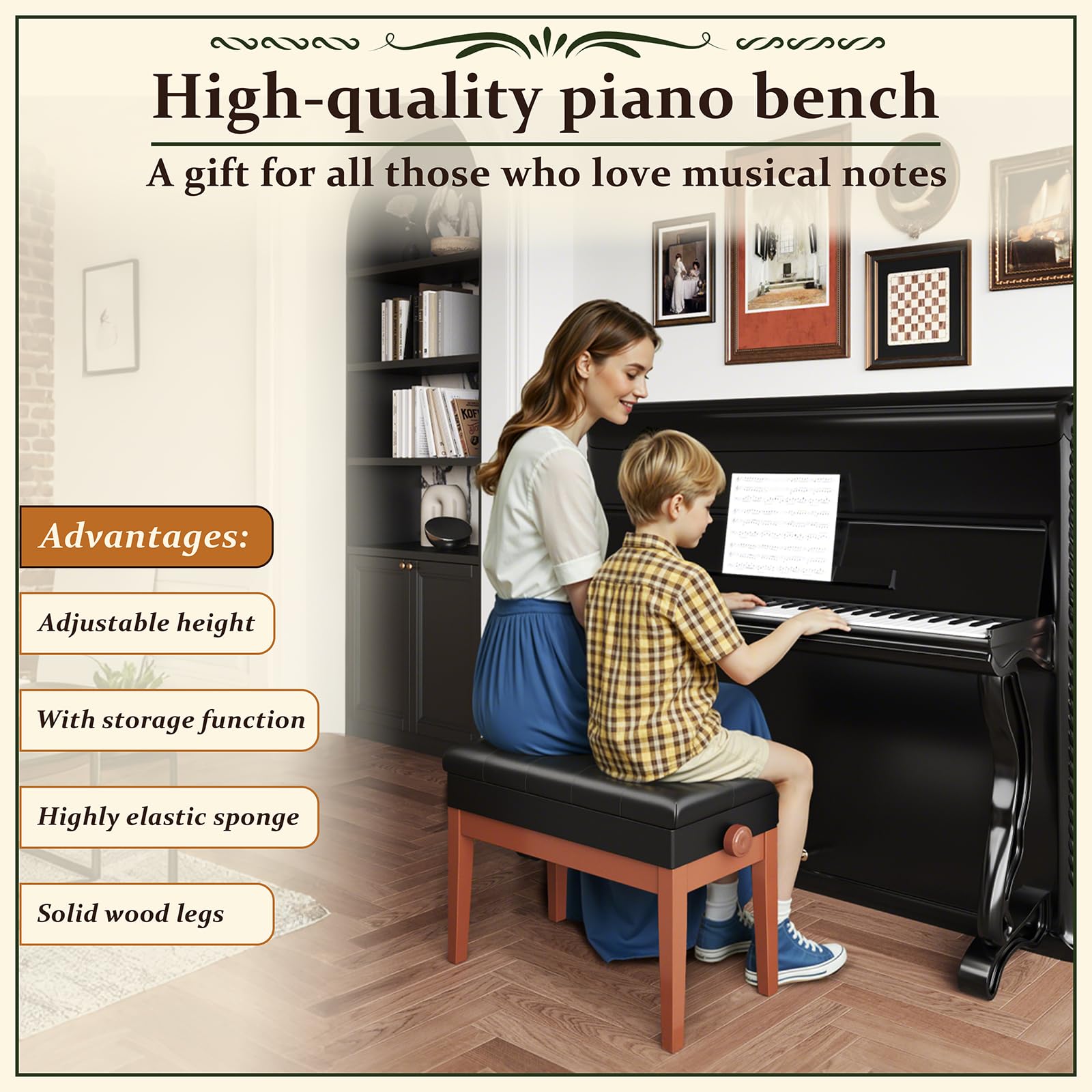Clevich Tabouret de Piano réglable en Hauteur, Banc de Piano Double, avec Espace de Rangement, Banquette Piano avec Coussin en Cuir PU, Charge maximale : 200 kg, Couleur Bois