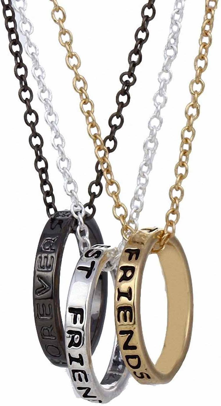 Sobly Jewelry Set of 3 Best Friends Forever Necklace, Engraved Ring Pendant Charm Necklace Black