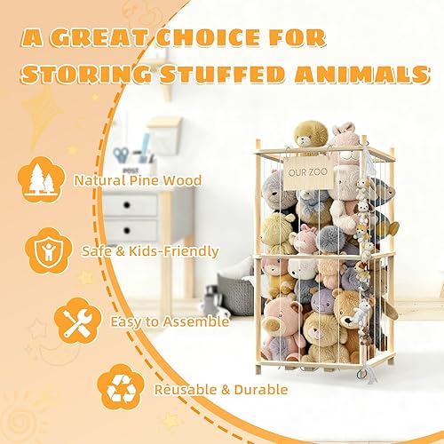 Miniatura 3 de Organizador de almacenamiento de animales de peluche, soporte de madera para juguetes de zoológico para habitaciones, salas de juegos y dormitorios,
