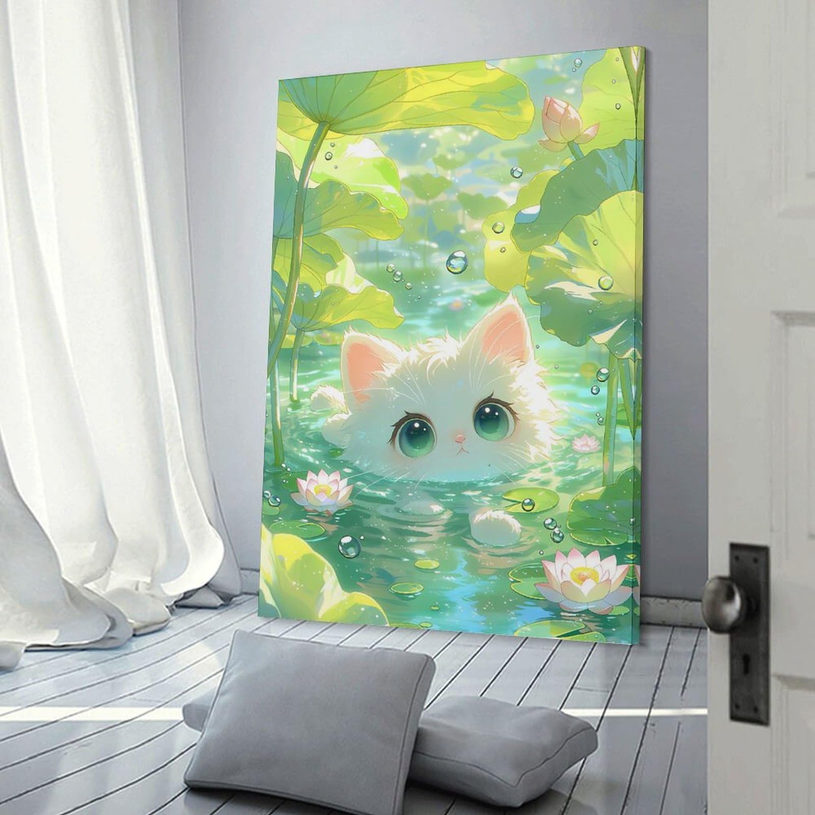 Junmoney Cute Cat in Lotus Pond Decorative Wall Artwork, 16x24inch(40x60cm), for New Homes, Bedrooms Or Workspaces, Gift Idea for Housewarming And Birthdays