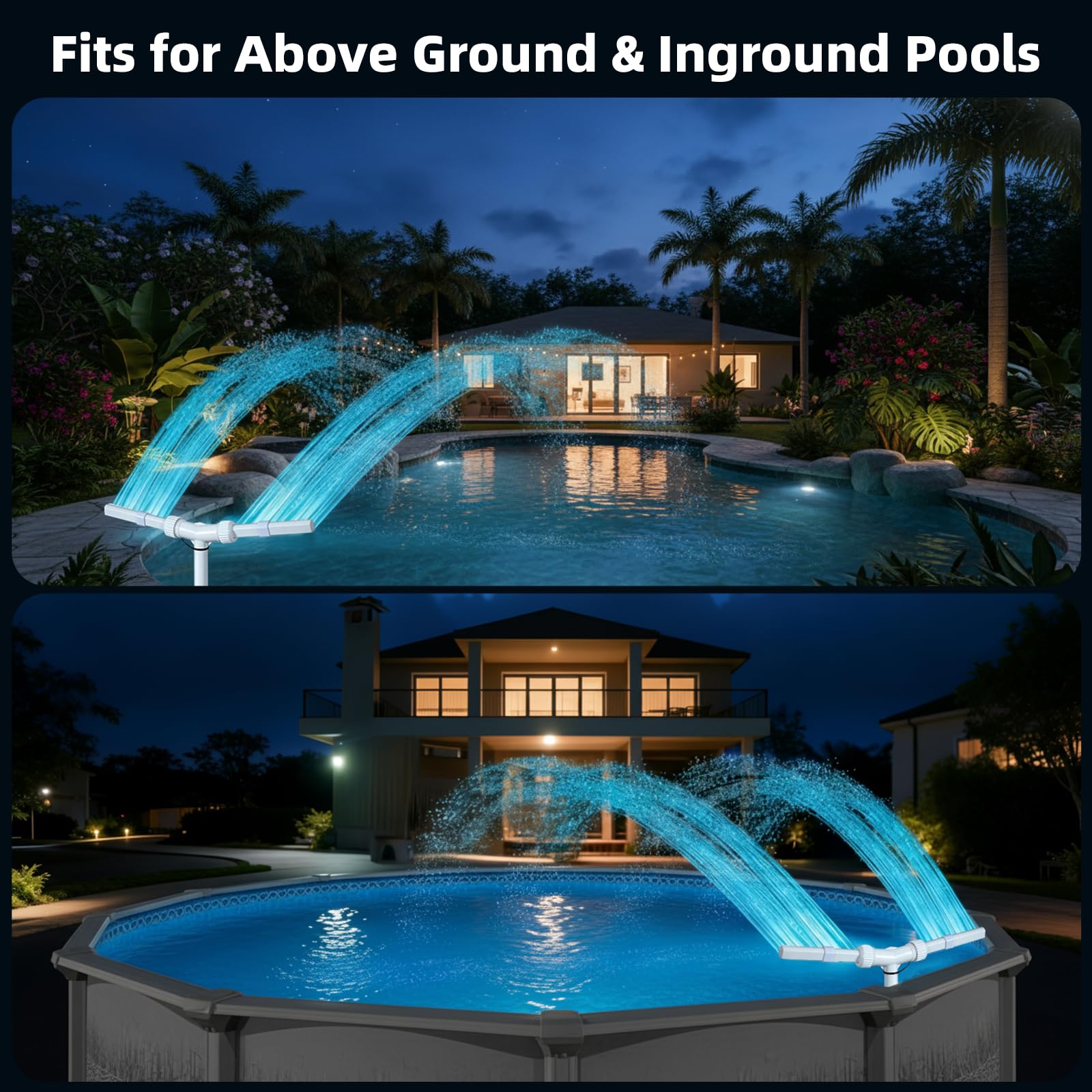 Doppelsprühbrunnen-Pool mit Lichtern für oberirdische Pools, Wasserfall-Sprinklerbrunnen mit Lichtern, Bestcool Solar-Poolbrunnen mit Doppelsprühwassersprinkler für Schwimmbadteich-Gartendekoration