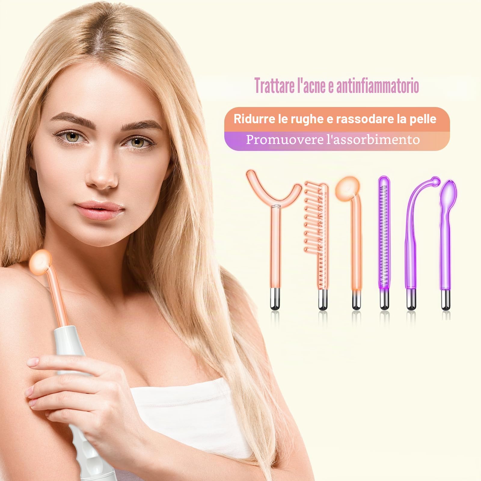 Macchina per il viso ad alta frequenza 6 pc, aste di gas neon e barre di gas Argon Apparecchio di bellezza per la cura della pelle, trattamento dell'acne, rassodamento della pelle, riduzione delle