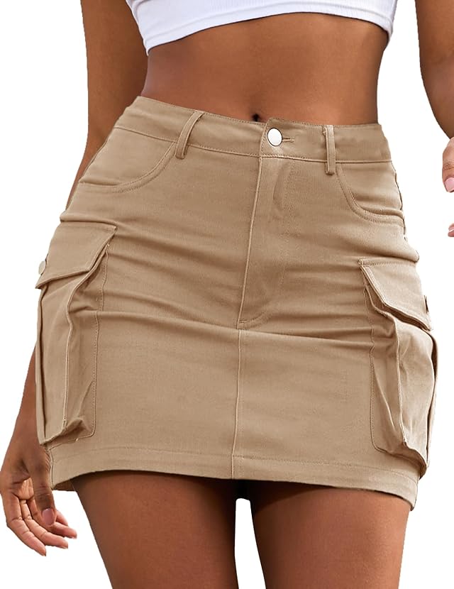 Bridesmay Cargo Skirt for Women Stretchy Y2K Denim Mini Skirts with Pockets
