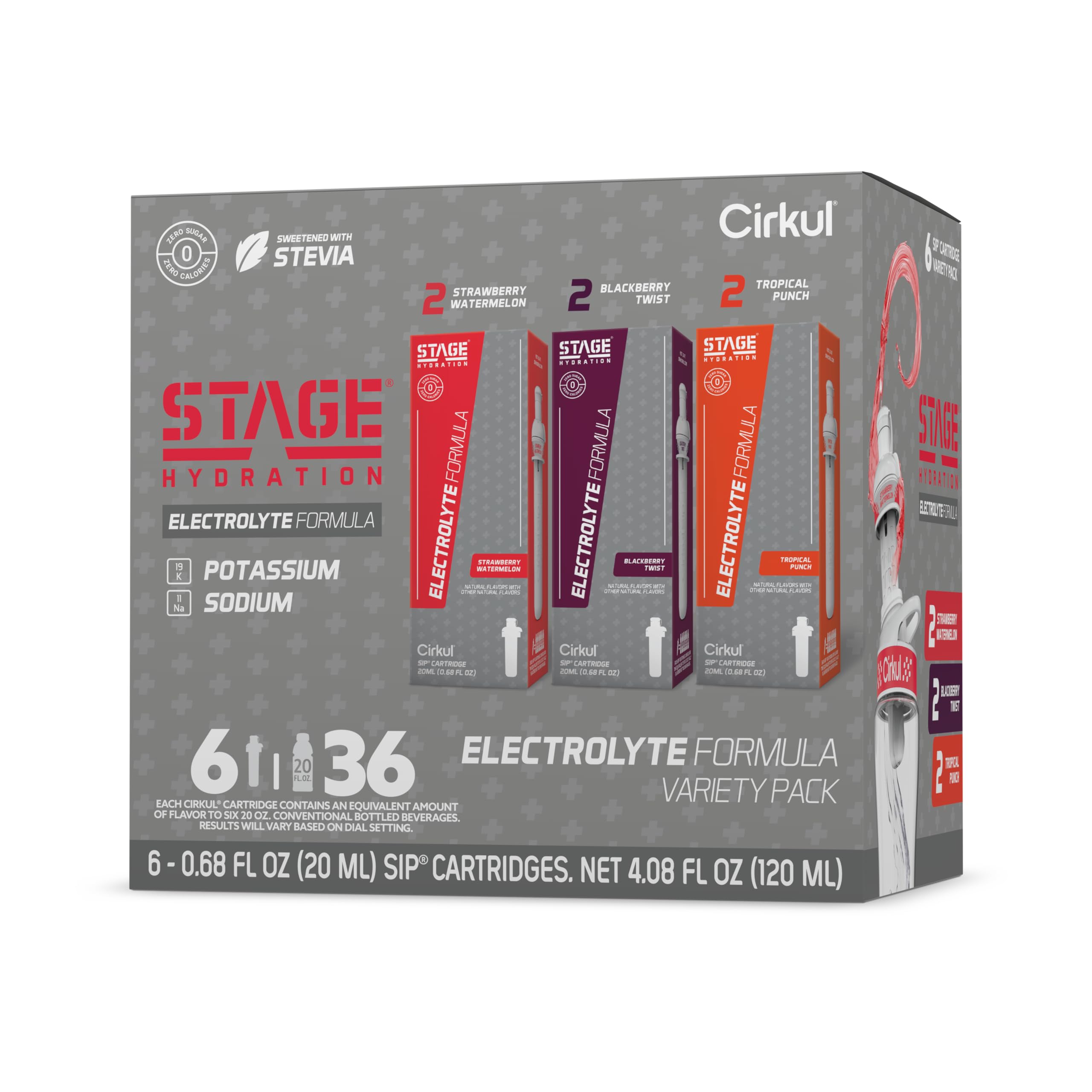 CirkulStage Flavor Cartridge Variety Pack with Electrolytes and Stevia, 6-Pack (2 Strawberry Watermelon, 2 Tropical Punch, 2 Blackberry Twist)