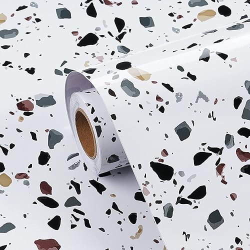 FunStick Papel de contacto de terrazo de 24 x 200 pulgadas, para encimeras de cocina, impermeable, granito blanco, papel de contacto, autoadhesivo,