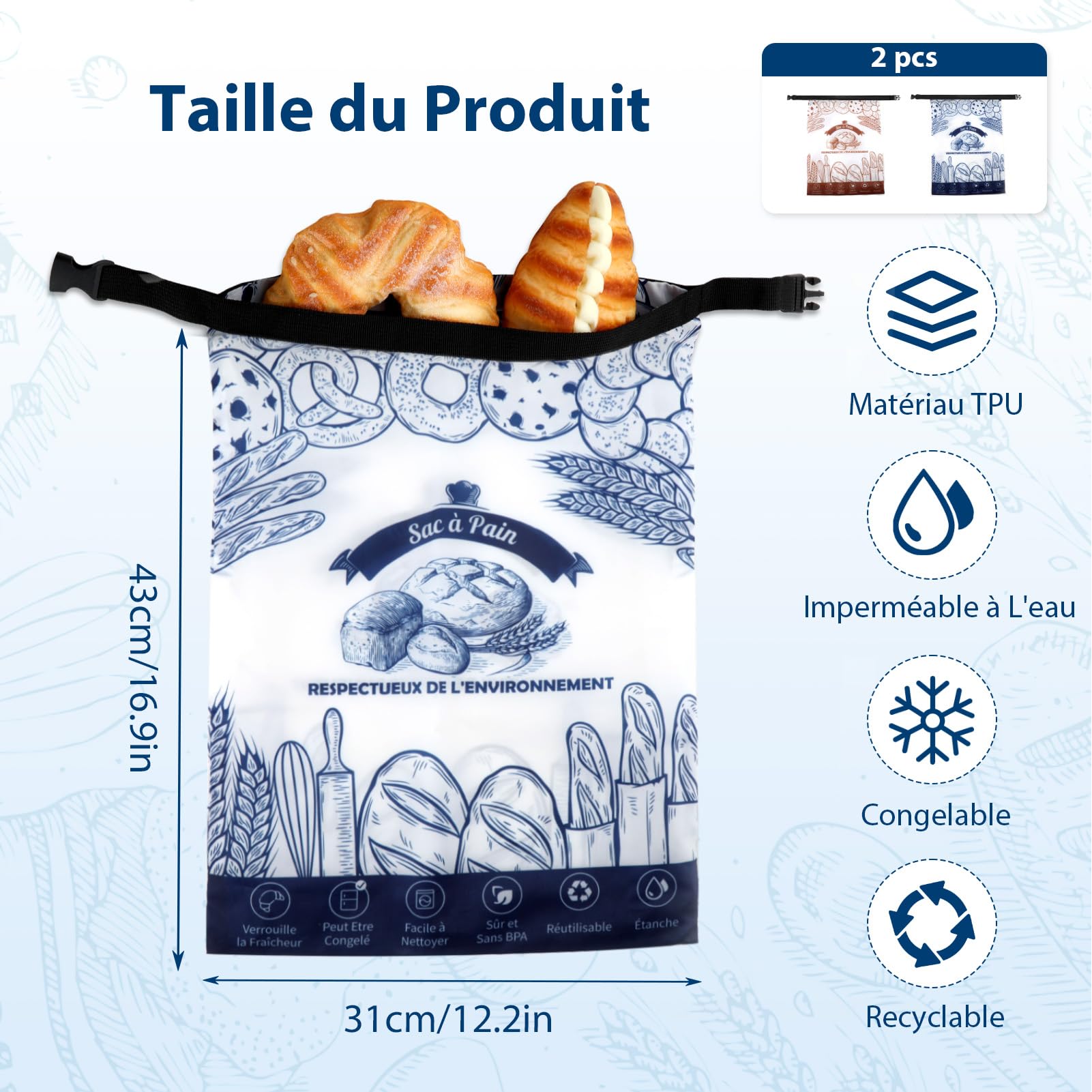 Sacs à Pain Réutilisables TPU 43 × 31 Cm – Étanche, Anti-Moisissure – Idéal Pain Maison, Bagels, Croissants