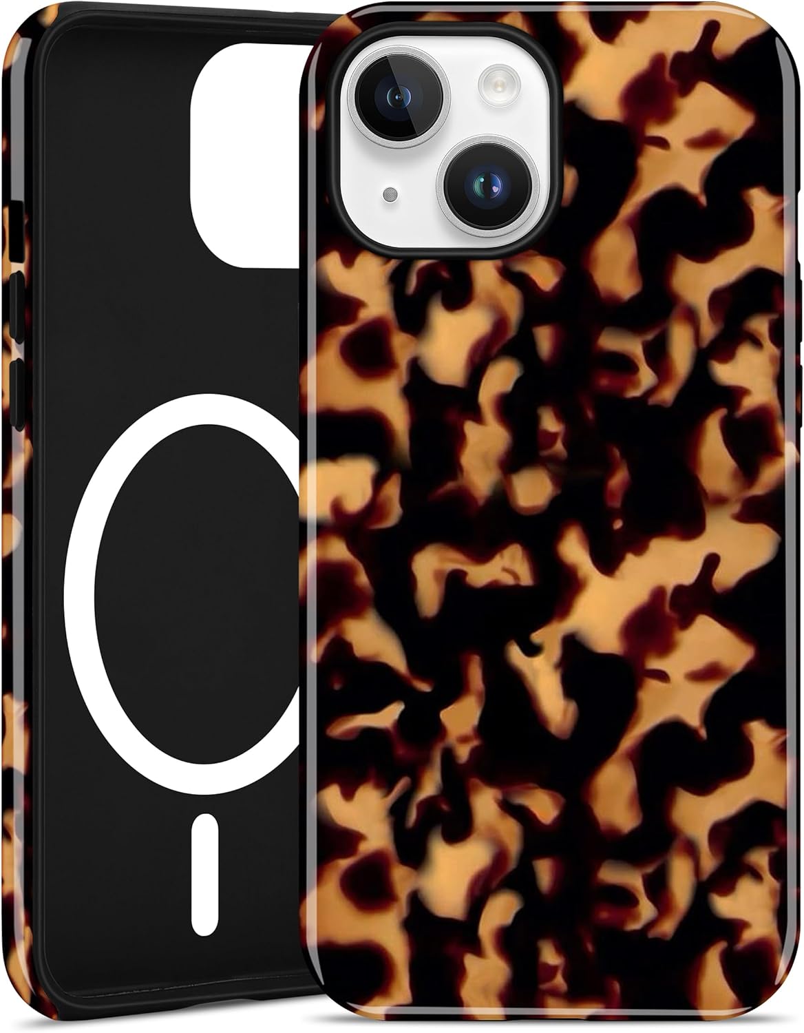 Magnetic Tortoise Shell Phone Case for iPhone 15, Compatible with MagSafe, Cute Brown Aesthetic Leopard Print Soft TPU and Hard PC Shockproof Protective Phone Cover for Women Girls