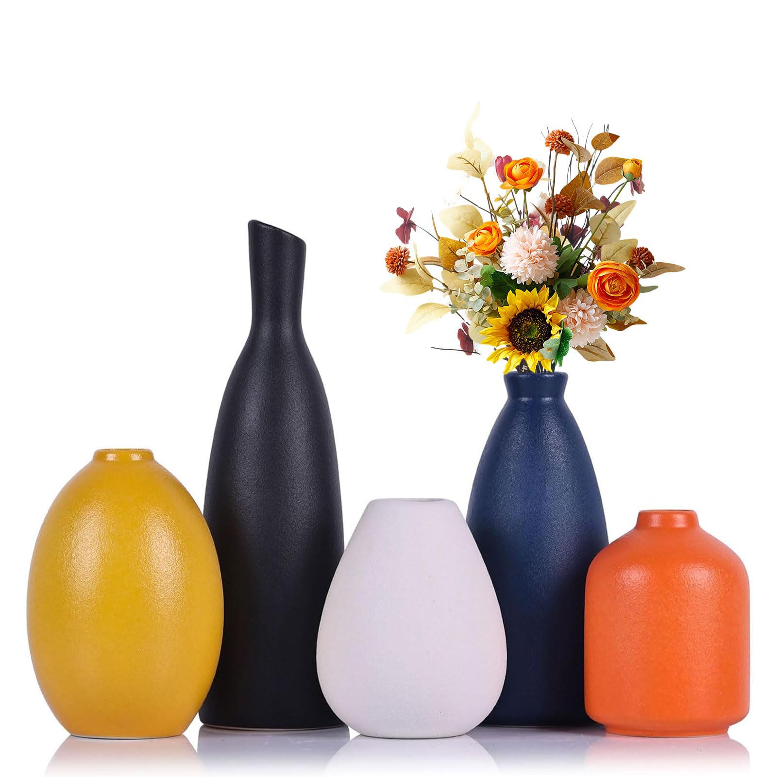 Juego de 5 jarrones de cerámica coloridos, modernos jarrones pequeños, amarillos, naranjas, azules para decoración del hogar, ideales para sala de estar, cocina, oficina, baño, chimenea, entrada, casa